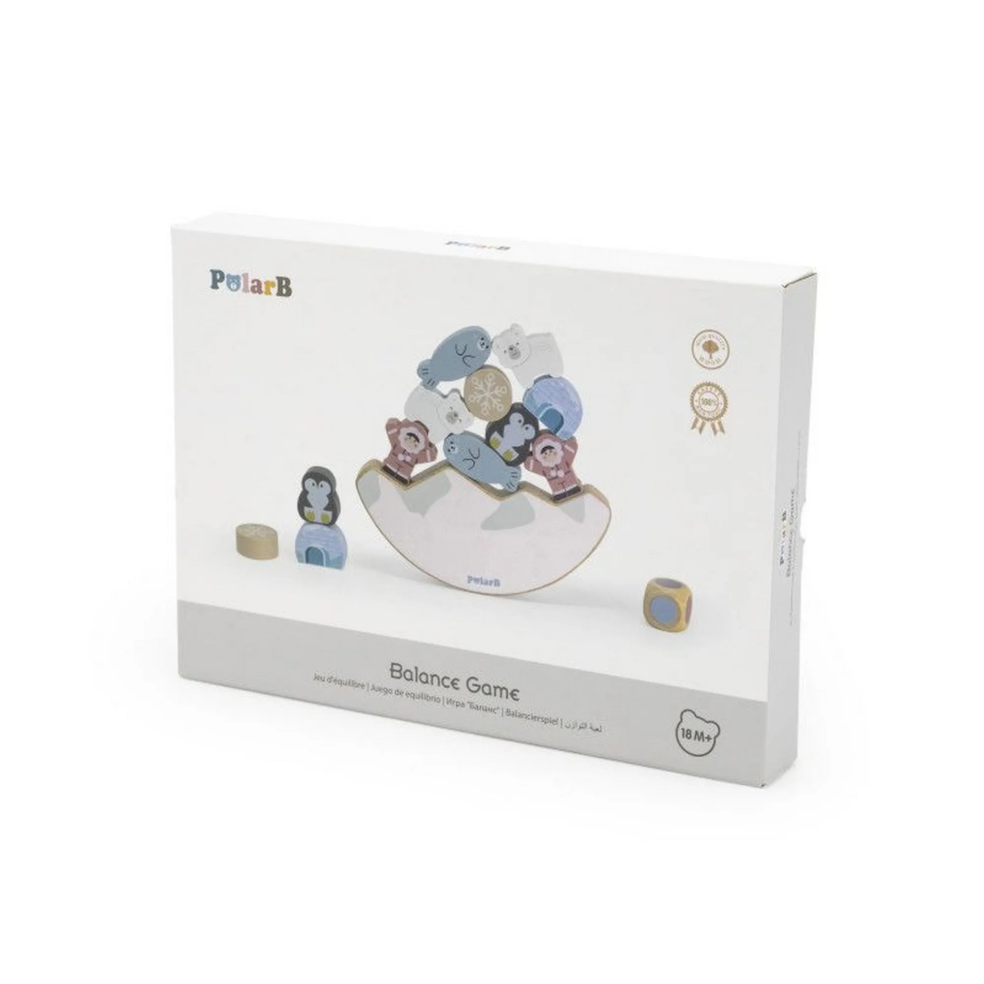 A Sarkvidék témájú fa állatos egyensúlyozó, PolarB, Viga doboza, rajta a sarki állatos fa egyensúlyozó játékkal.