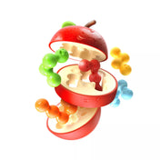 Apple Puzzler logikai játék működés közben, lebegő hatású színes férgekkel és szétnyíló almaformával, amely szemlélteti a rétegek helyes elrendezését.