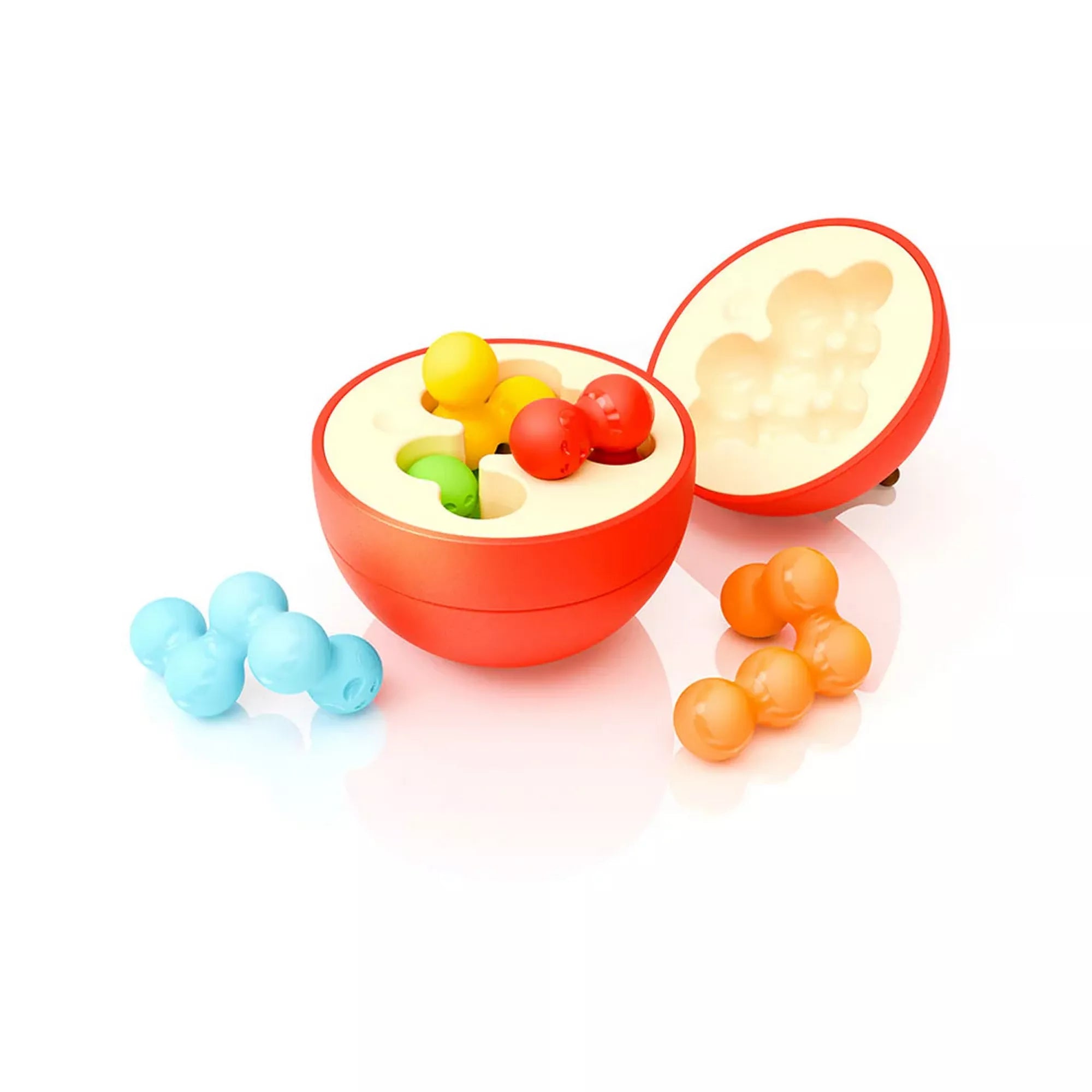 Apple Puzzler 3D logikai játék kibontva: félbevágott piros alma belseje, színes, összekapcsolható férgek puzzle elemekkel, fehér háttéren bemutatva.