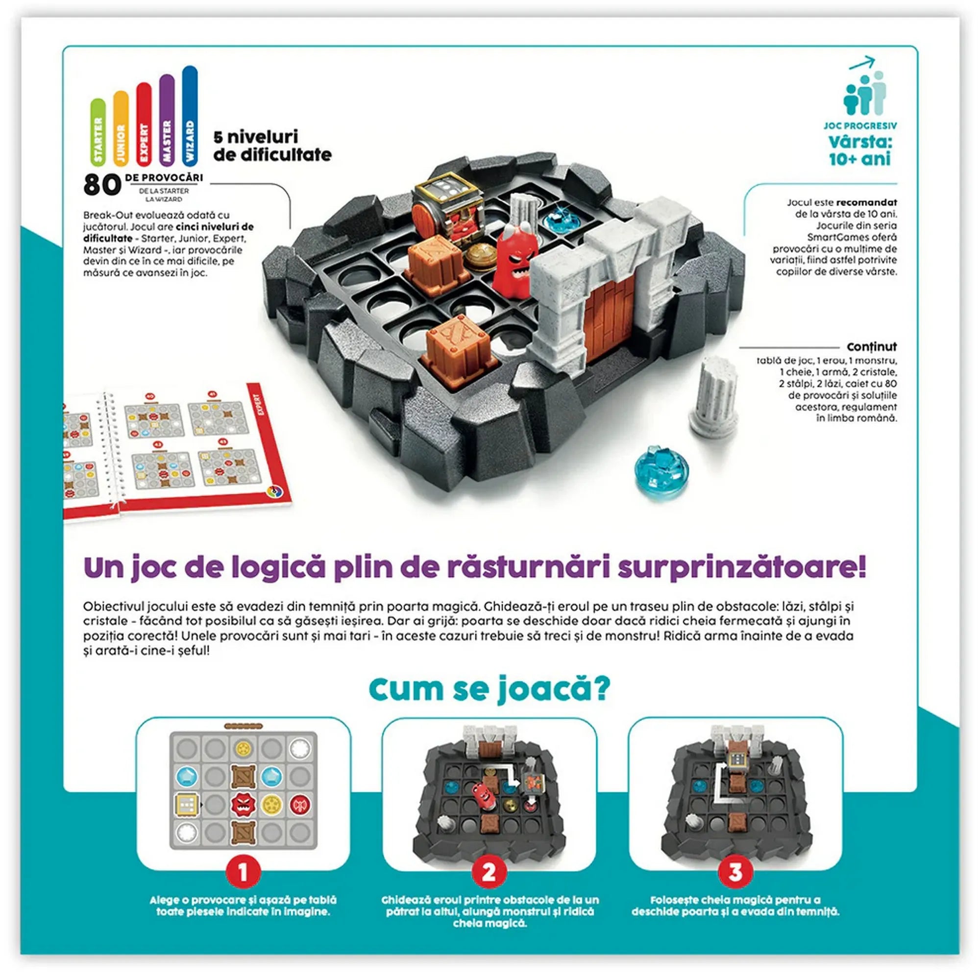 A Break-Out Escape The Dungeon játék hátoldala, rajta a játéktábla, a kihívásfüzet és a játékszabály bemutatásával.