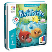 A FishTricks logikai játék színes, mágneses fém doboza vidám, rajzolt halacskákkal és vízinövényekkel, a Smart Games logóval és a 48 kihívást jelző ikonnal.