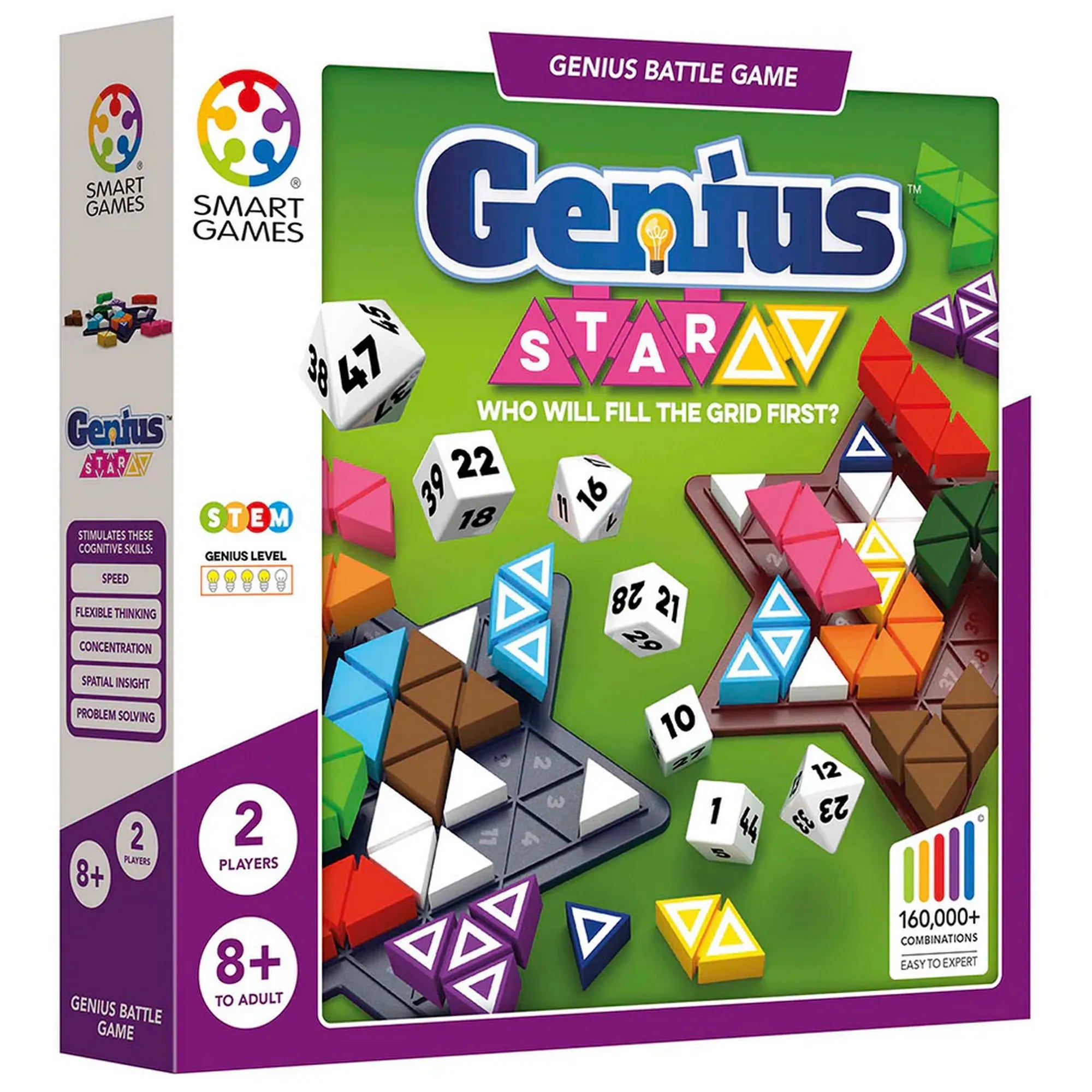 Genius Star társasjáték doboza, Smart Games logikai játék 2 fő részére, 8 éves kortól ajánlott, csillag alakú kirakóelemekkel.
