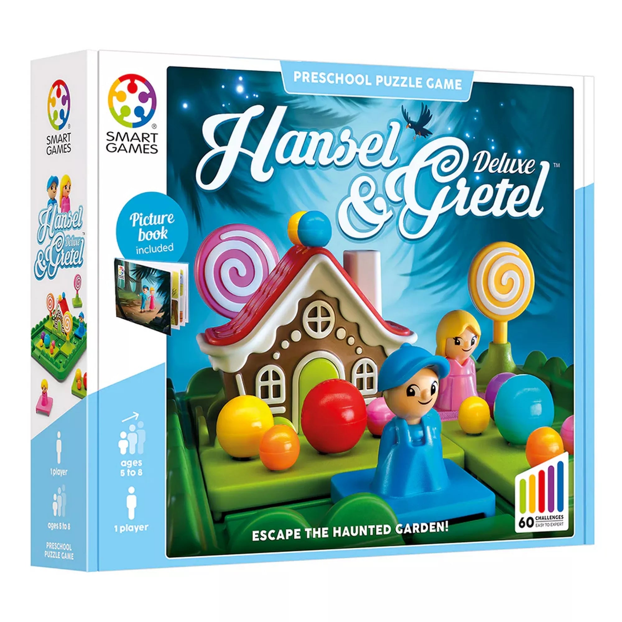„A Smart Games Hansel & Gretel Deluxe játék doboza, színes cukorkafigurákkal és mézeskalácsházzal.”