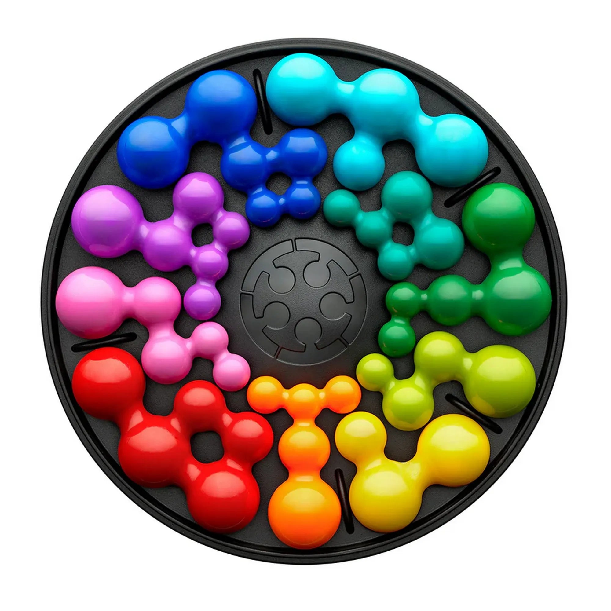 IQ Circle logikai játék játéktáblája, kör alakú fekete alapban elhelyezett, különböző színű és formájú elemekkel.