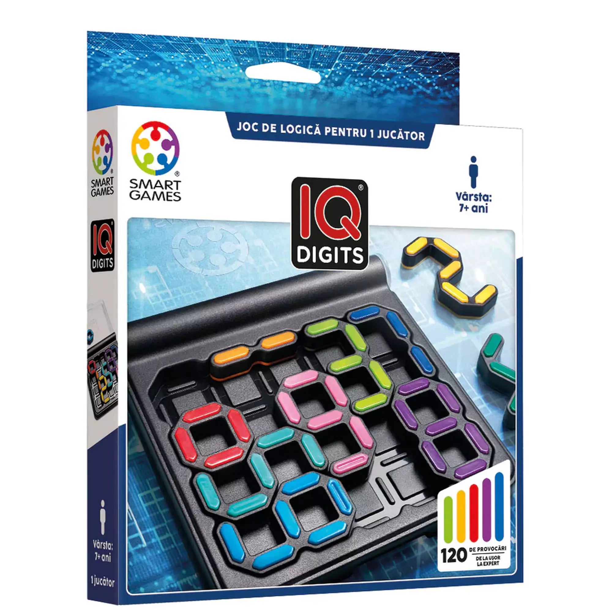 Smart Games IQ Digits logikai játék doboza, színes számpuzzle-darabokkal és 120 kihívást jelző grafikával.