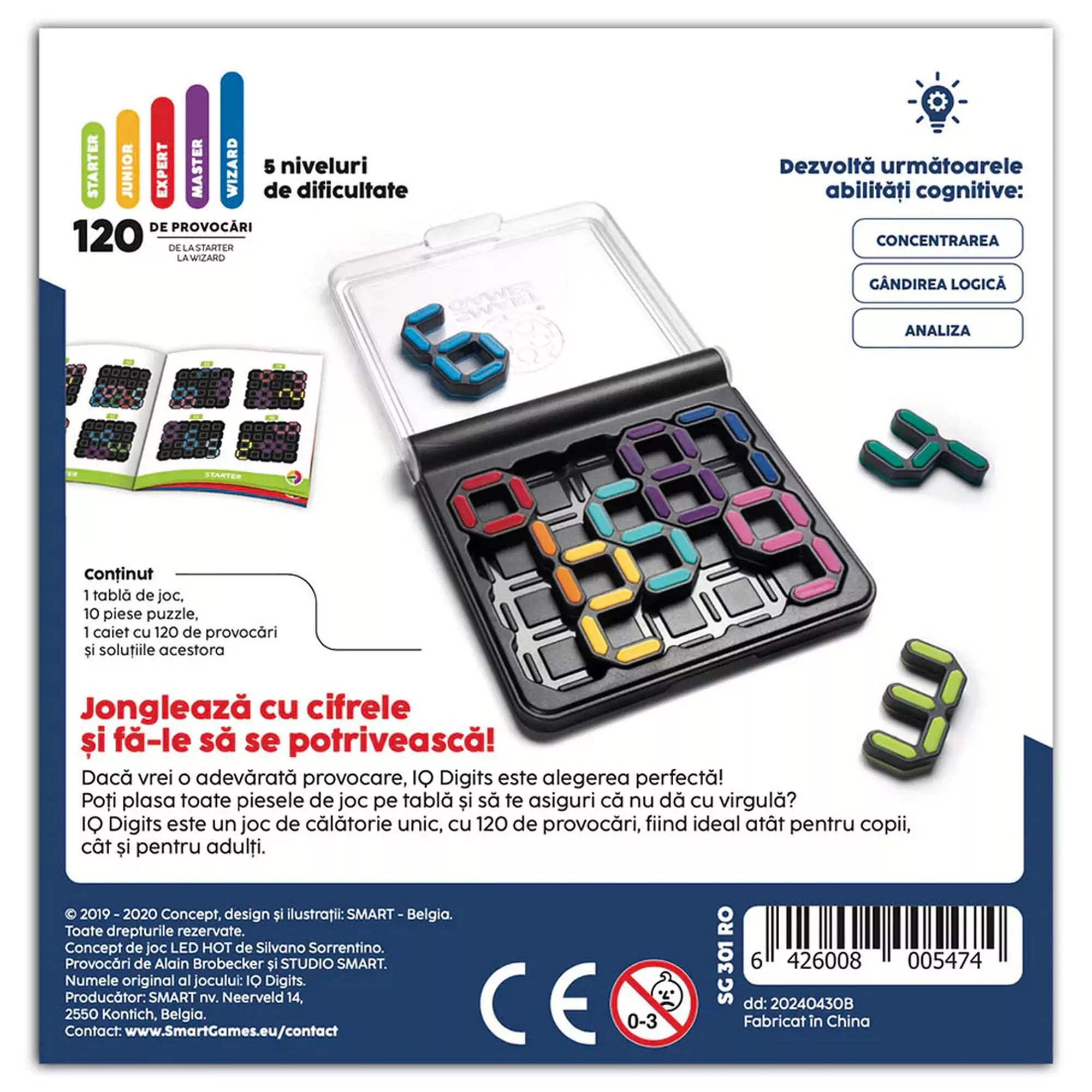 Smart Games IQ Digits logikai játék dobozának hátoldala, játékleírással, kihívásszintekkel és a játéktábla képével.
