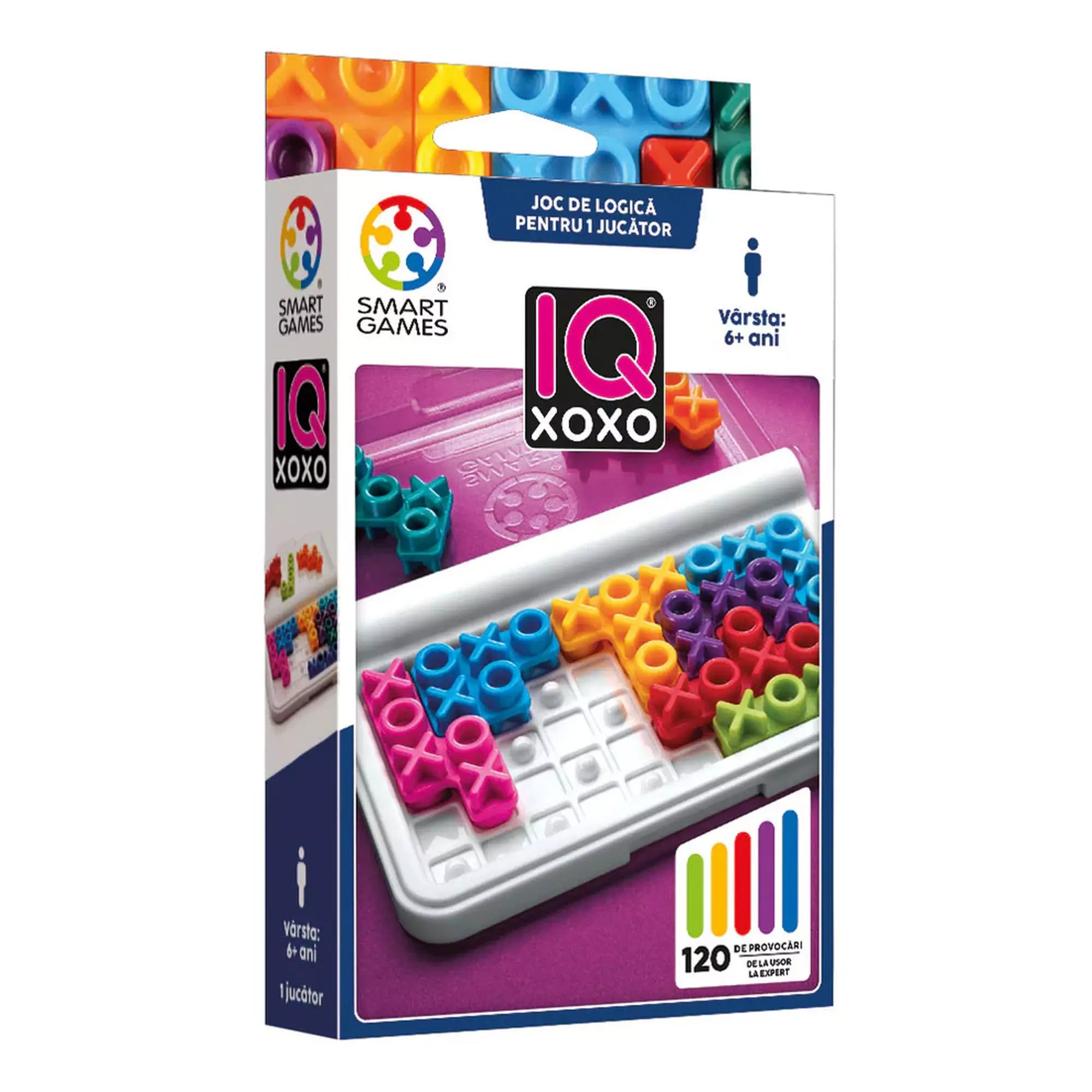 Smart Games IQ XOXO logikai játék színes doboza, X és O alakú puzzle-elemekkel és 120 kihívást jelző grafikával.