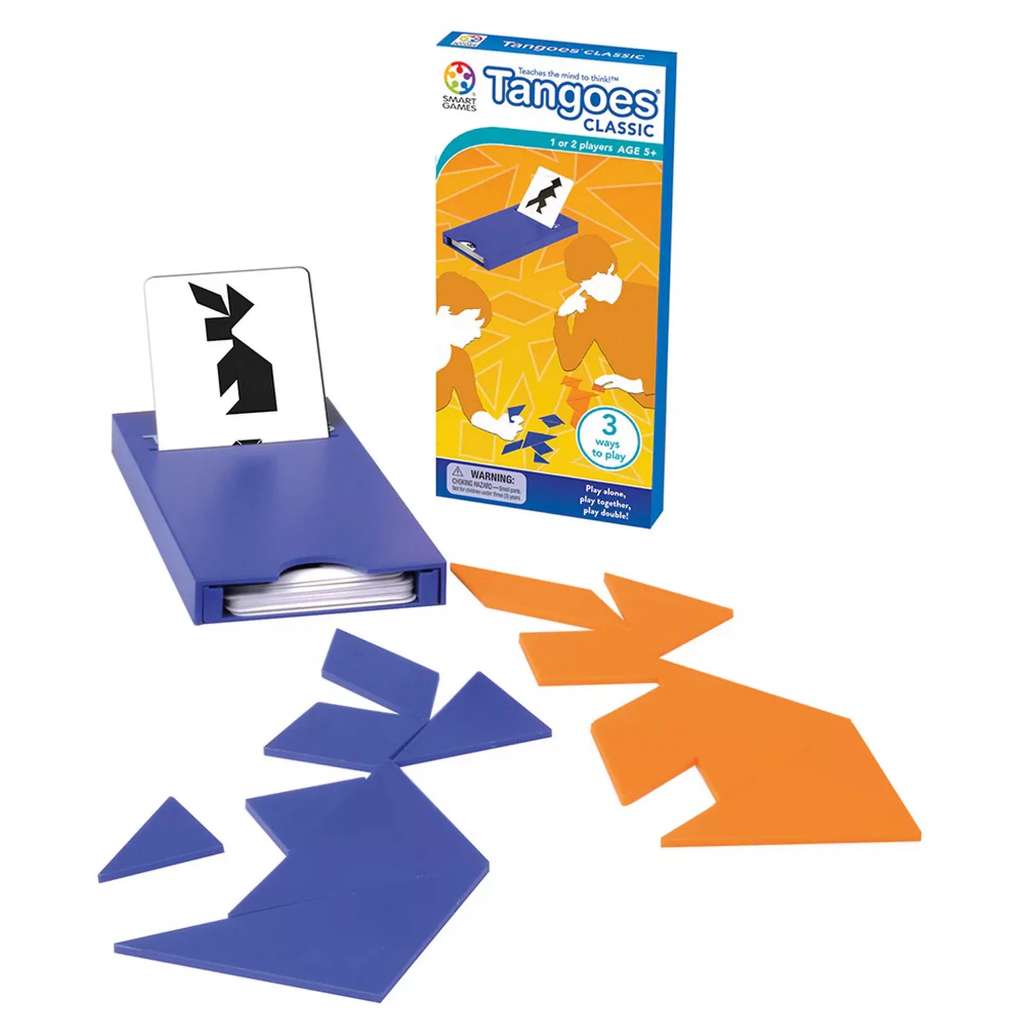 „A Tangoes Classic készlet tartalma: kék és narancssárga tangram elemek, kártyatartó tok és kihíváskártyák a különböző formák kirakásához.”