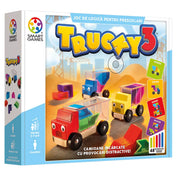 Smart Games Trucky 3 logikai játék színes csomagolása, három vidám fakamionnal és 48 egyre nehezedő kihívással kisgyermekek számára.
