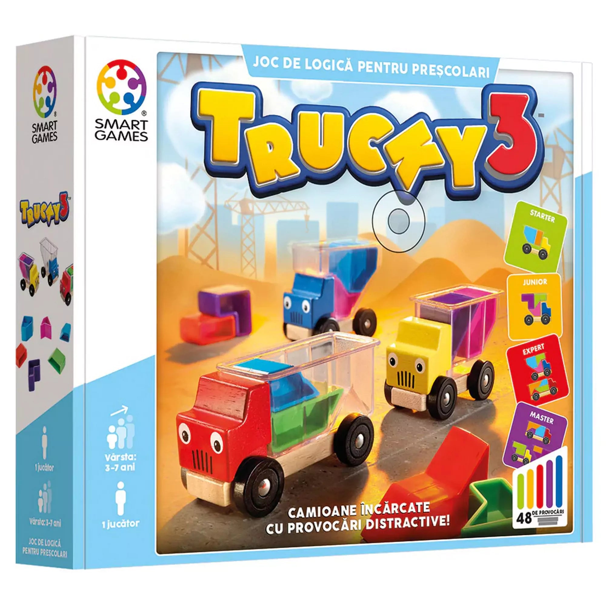 Smart Games Trucky 3 logikai játék színes csomagolása, három vidám fakamionnal és 48 egyre nehezedő kihívással kisgyermekek számára.