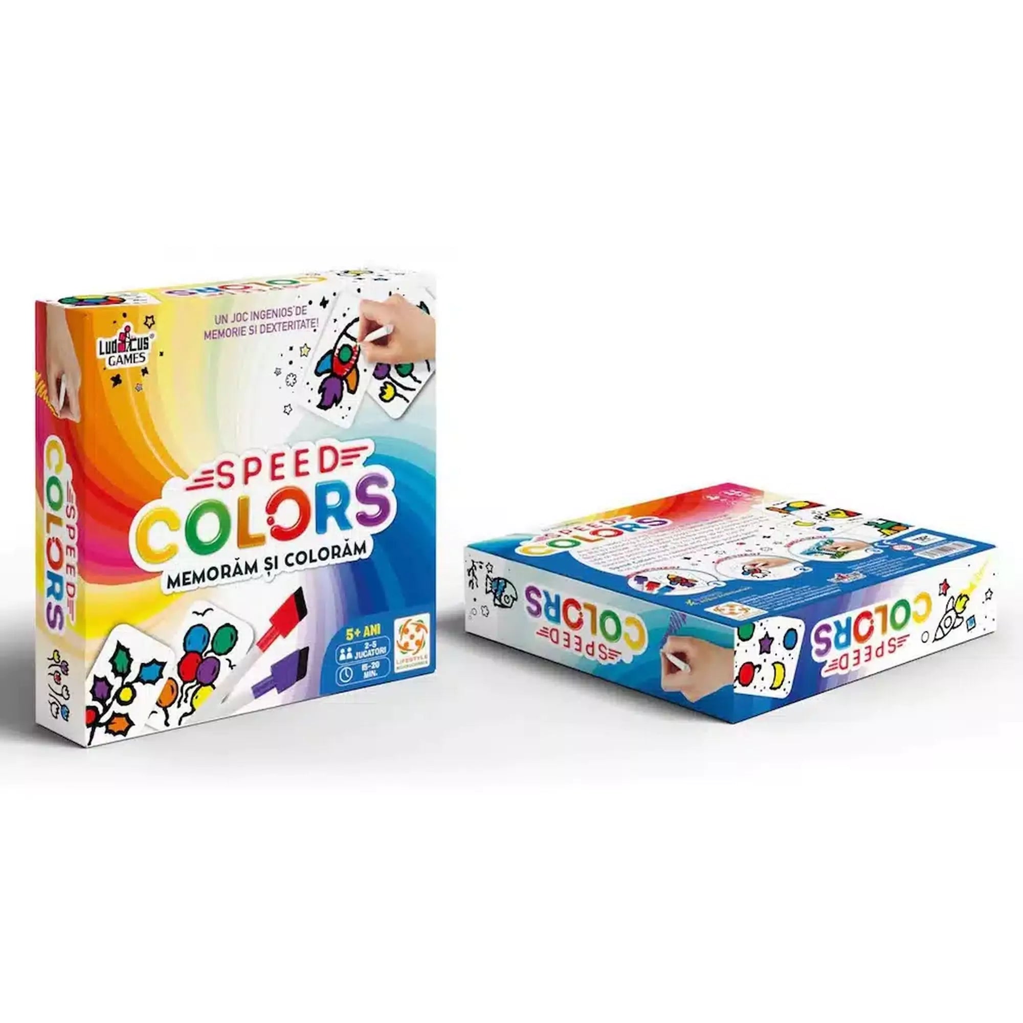 Speed Colors társasjáték doboza elölről és hátulról, bemutatva a játék funkcióit.