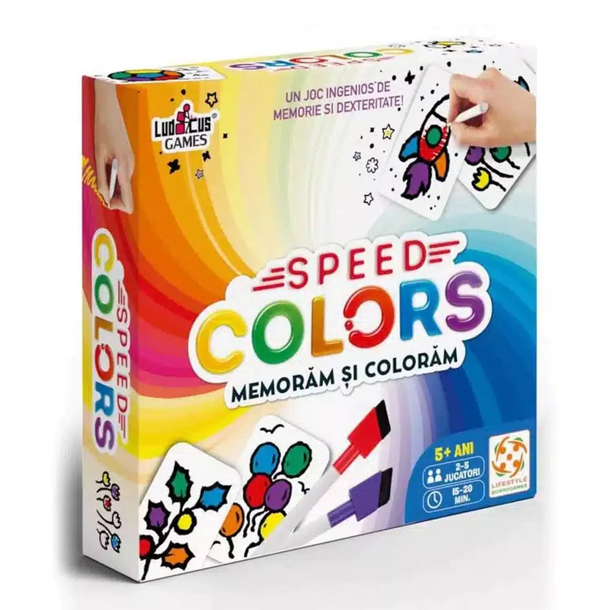 Speed Colors társasjáték doboza, amely egy memória- és színezőjáték gyerekeknek.