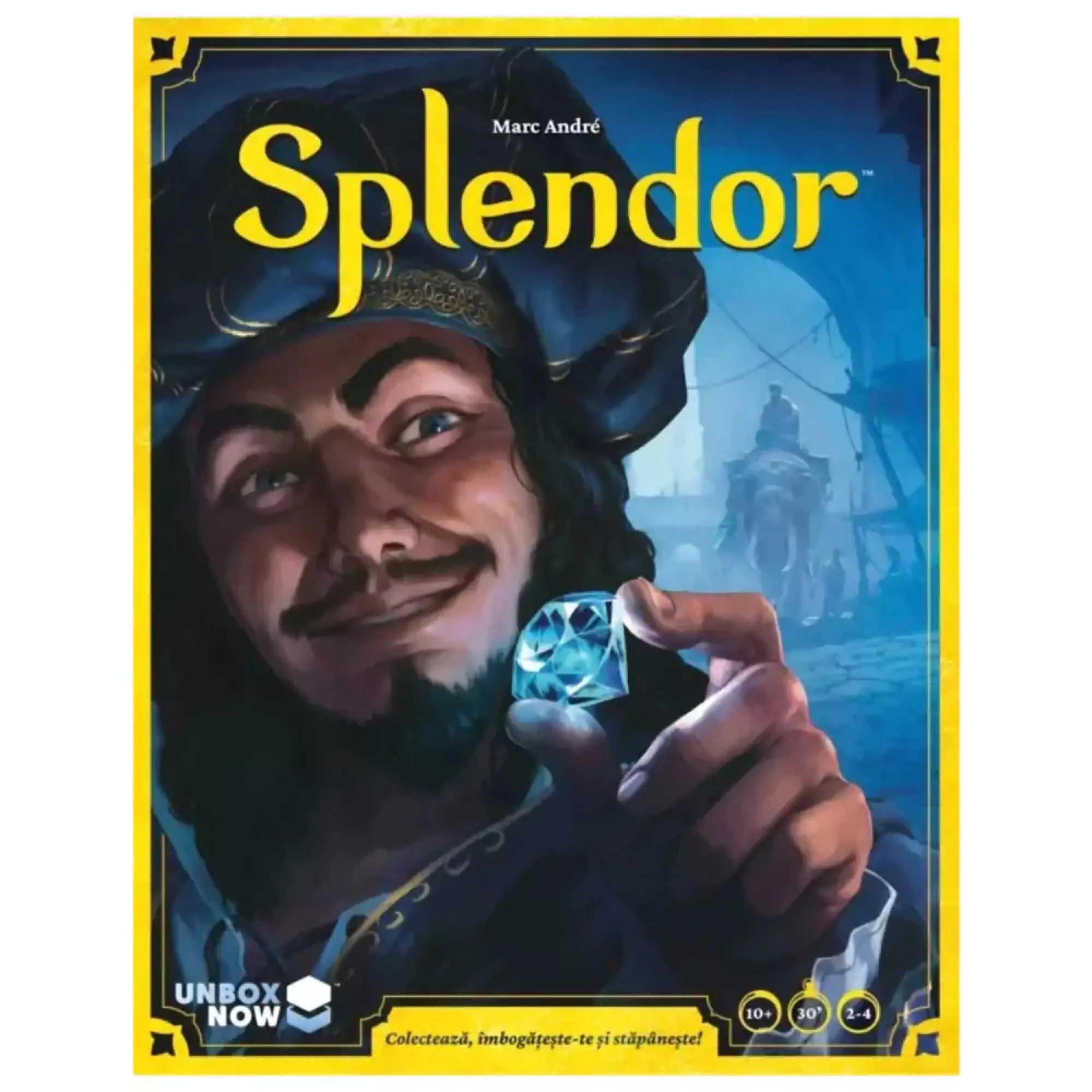 A Splendor társasjáték dobozának borítója, amely egy drágakövet tartó kereskedőt ábrázol.