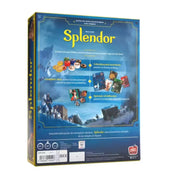A Splendor társasjáték hátoldala, amely bemutatja a játék célját és komponenseit, például drágaköveket, kártyákat és tokeneket.