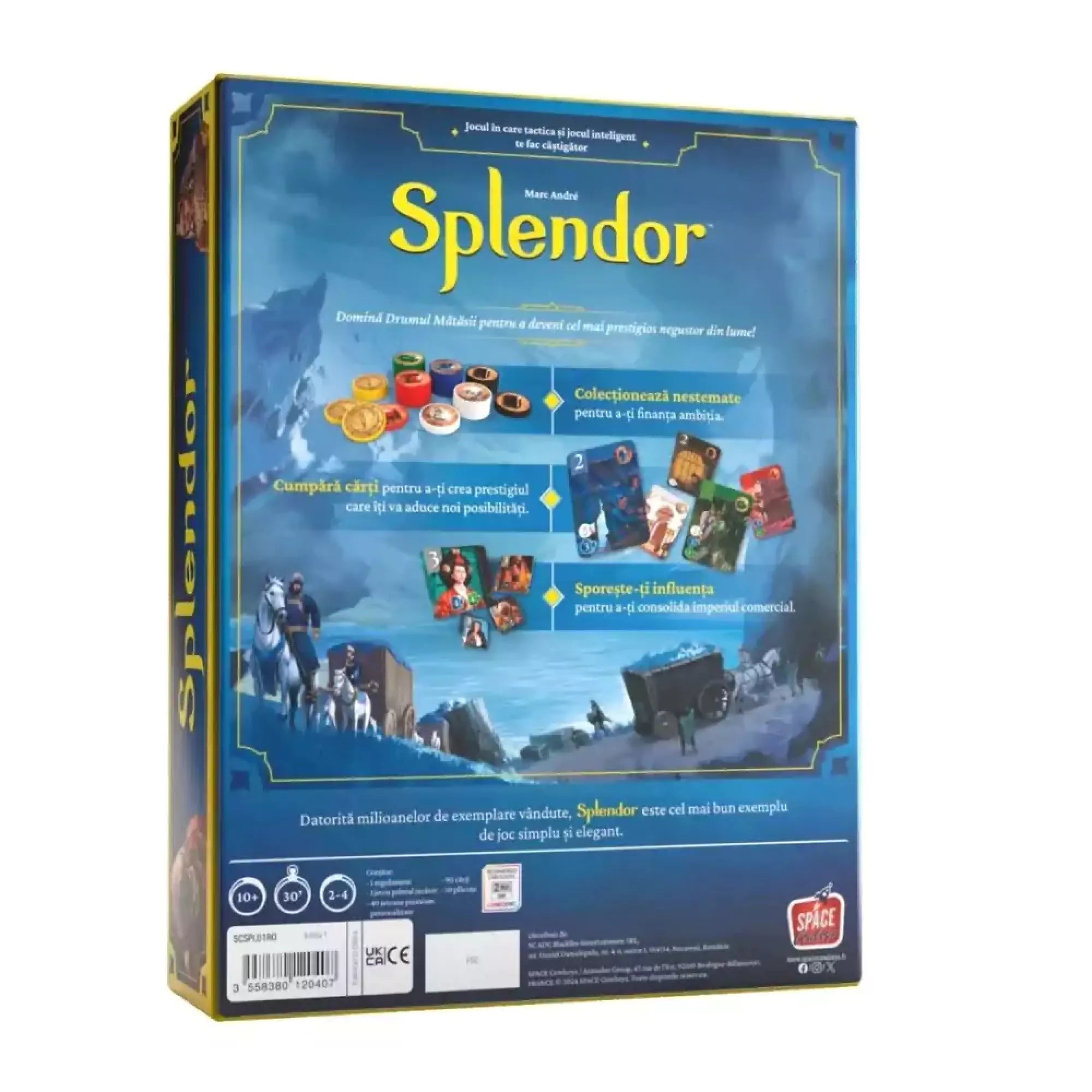 A Splendor társasjáték hátoldala, amely bemutatja a játék célját és komponenseit, például drágaköveket, kártyákat és tokeneket.