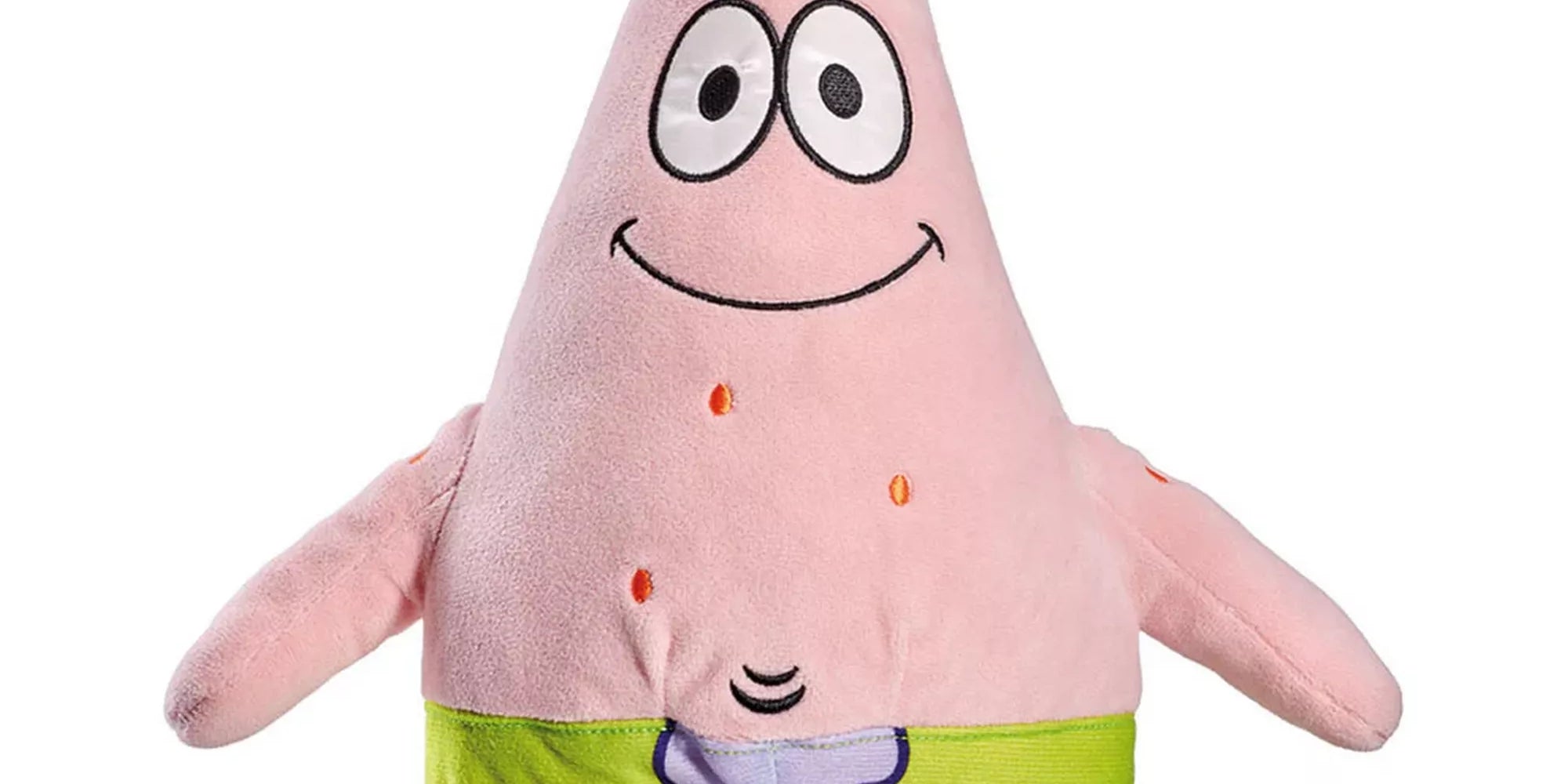 SpongeBob Patrick plüssfigura elölnézetből, mosolygós arccal és zöld-lila virágmintás nadrágban.