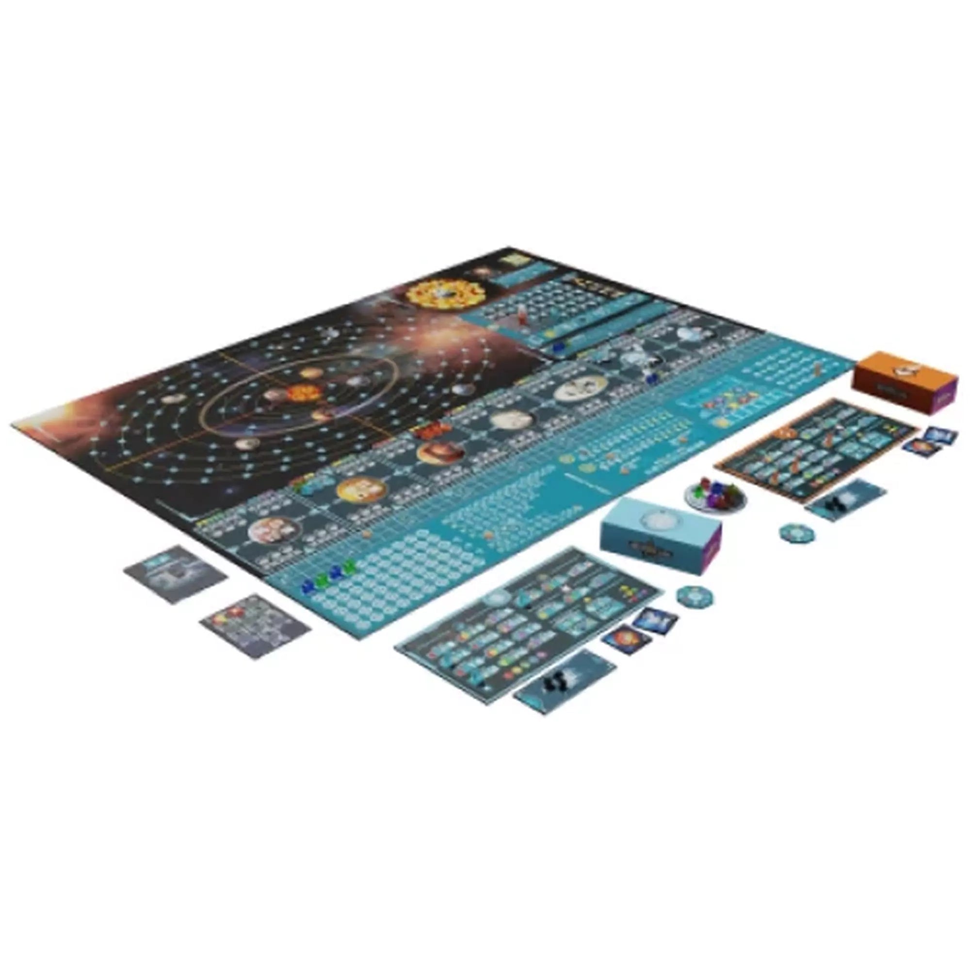 A Starship Interstellar társasjáték részletes játéktáblája és komponensei, köztük játékos táblák, tokenek és kártyák.