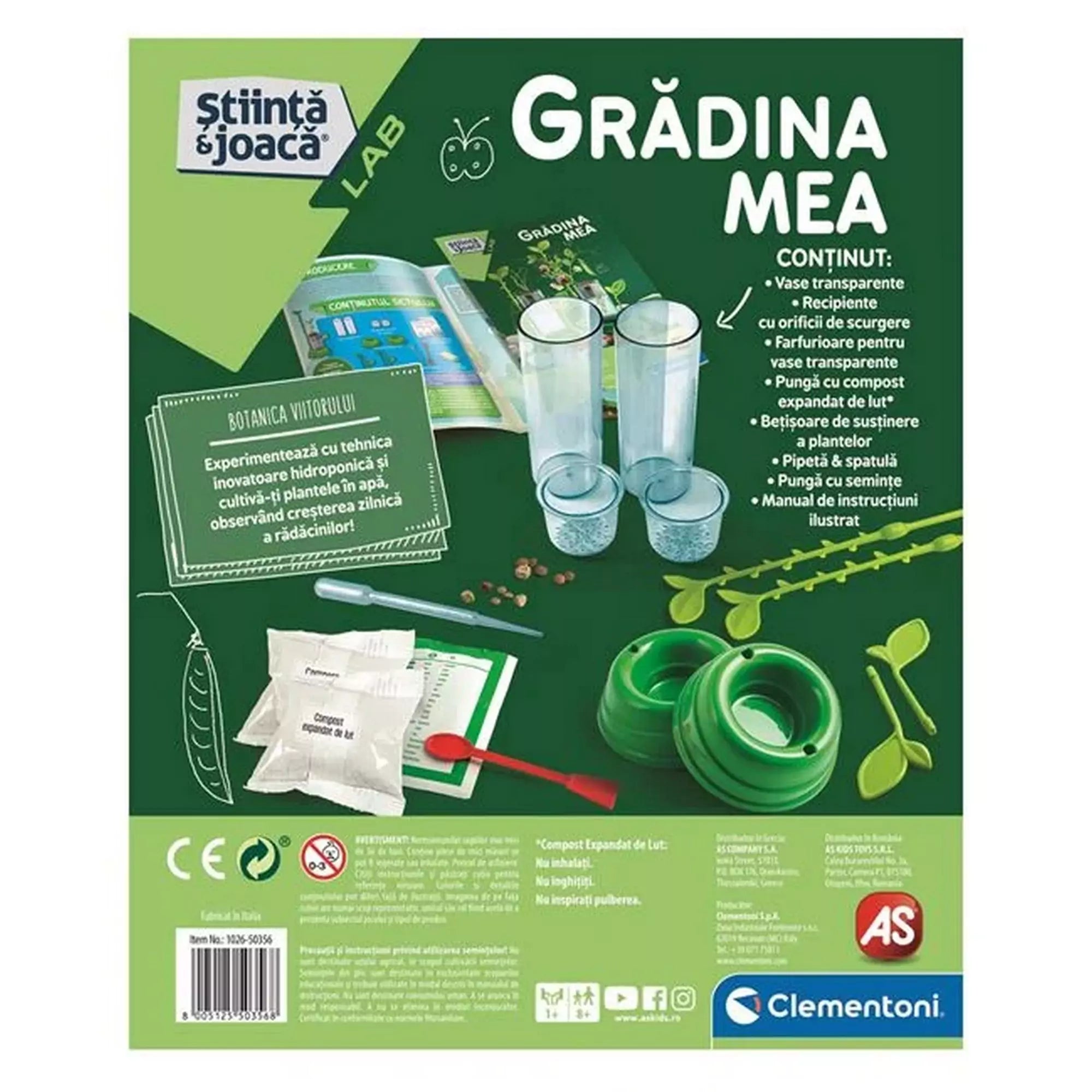 A Grădina Mea készlet hátoldala, amely bemutatja a doboz tartalmát és ismerteti a hidroponikus kertészkedés előnyeit.