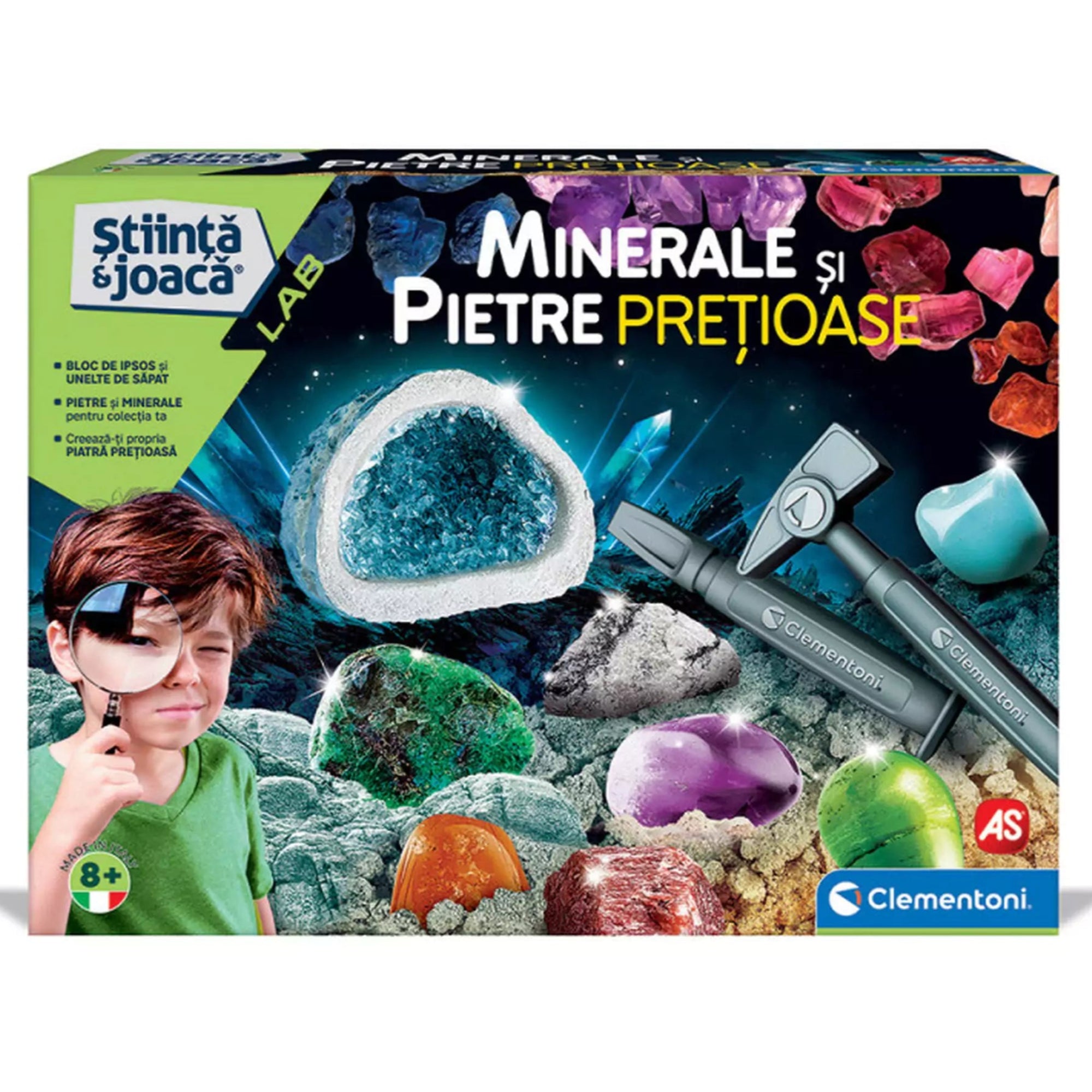 A Minerale și Pietre Prețioase tudományos játékkészlet színes doboza, melyen egy kisfiú nagyítóval figyeli a különféle drágaköveket és ásványokat, a háttérben pedig ragyogó kristályok és feltáró eszközök láthatók.