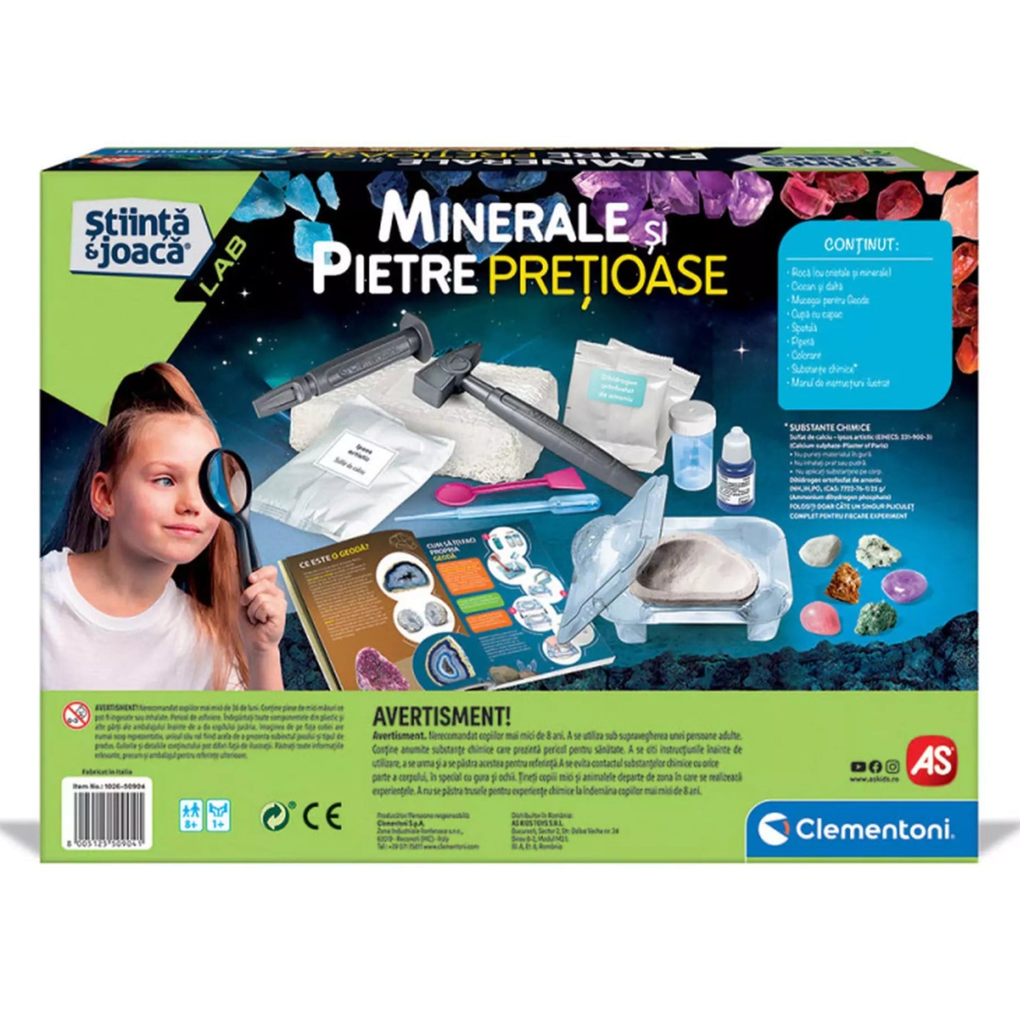 A Minerale și Pietre Prețioase játék dobozának hátoldala, rajta egy kíváncsi kislánnyal, valamint a készlet tartalmának részletes bemutatásával és figyelmeztetésekkel.