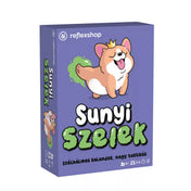 A Sunyi szelek társasjáték doboza lila háttérrel, középen egy koronás, nevető corgi kutyával, aki zöld füstöt ereget. A Reflexshop logó és a játék mottója is látható: „Szélhálmos kalandok, nagy taktikák”.
