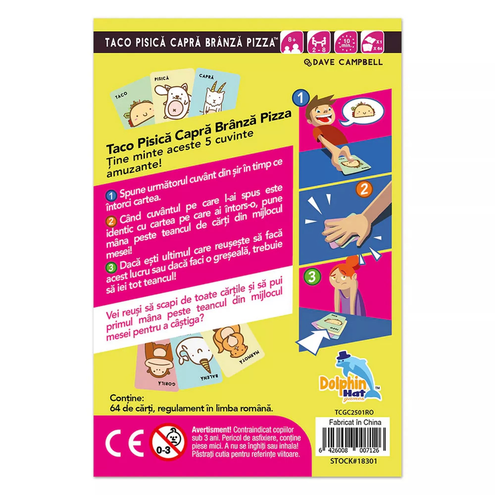 Taco Pisică Capră Brânză Pizza társasjáték hátoldala játékszabállyal és tartalomleírással