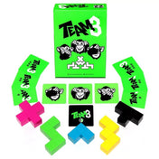 Élénkzöld dobozú Team 3 társasjáték, színes Tetris-szerű építőelemekkel és majmokat ábrázoló kártyákkal kirakva.