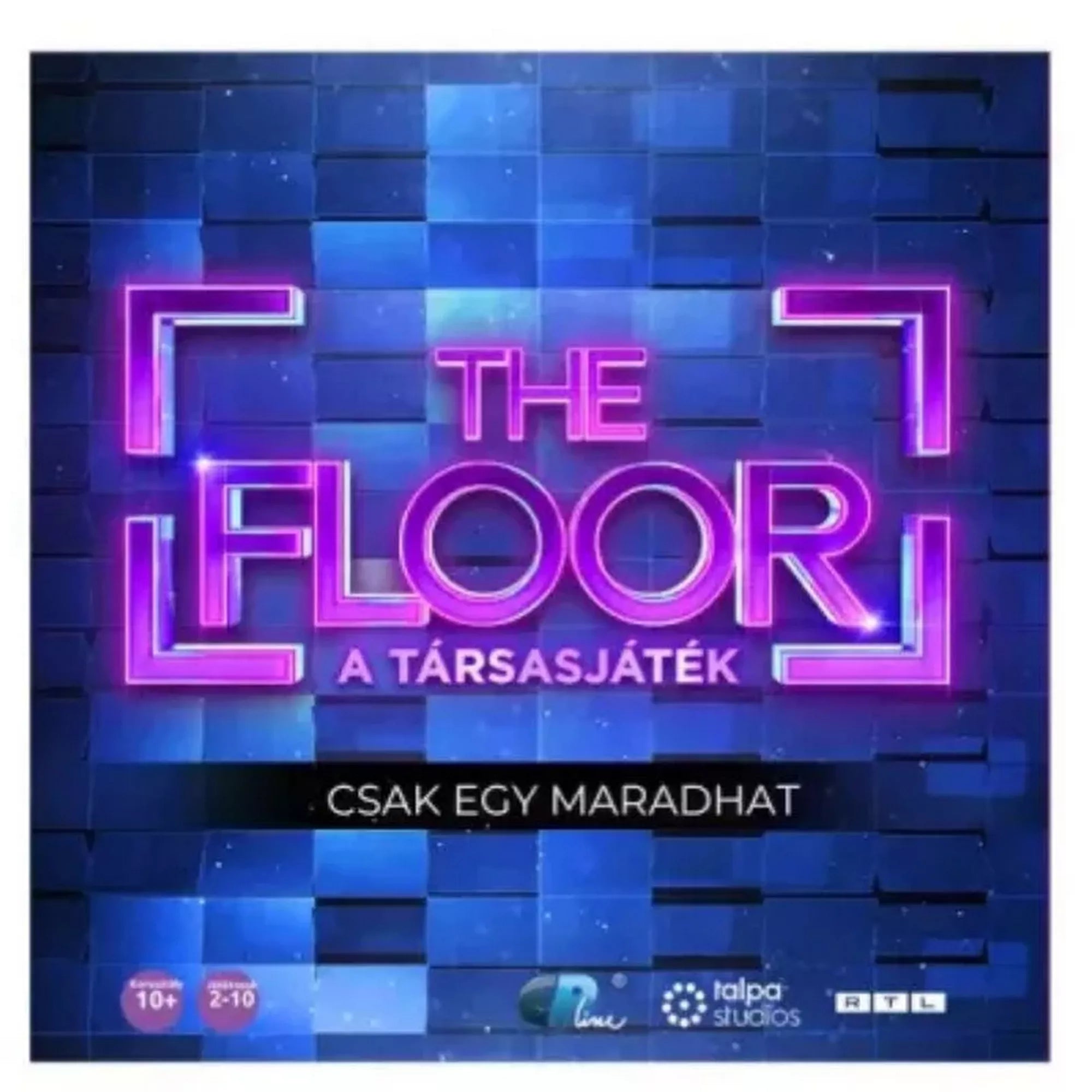 "The Floor – Csak egy maradhat társasjáték doboza elölnézetben, kék mozaikos háttérrel és lila neon logóval, alsó részén korhatár- és játékosszám-piktogramokkal.”