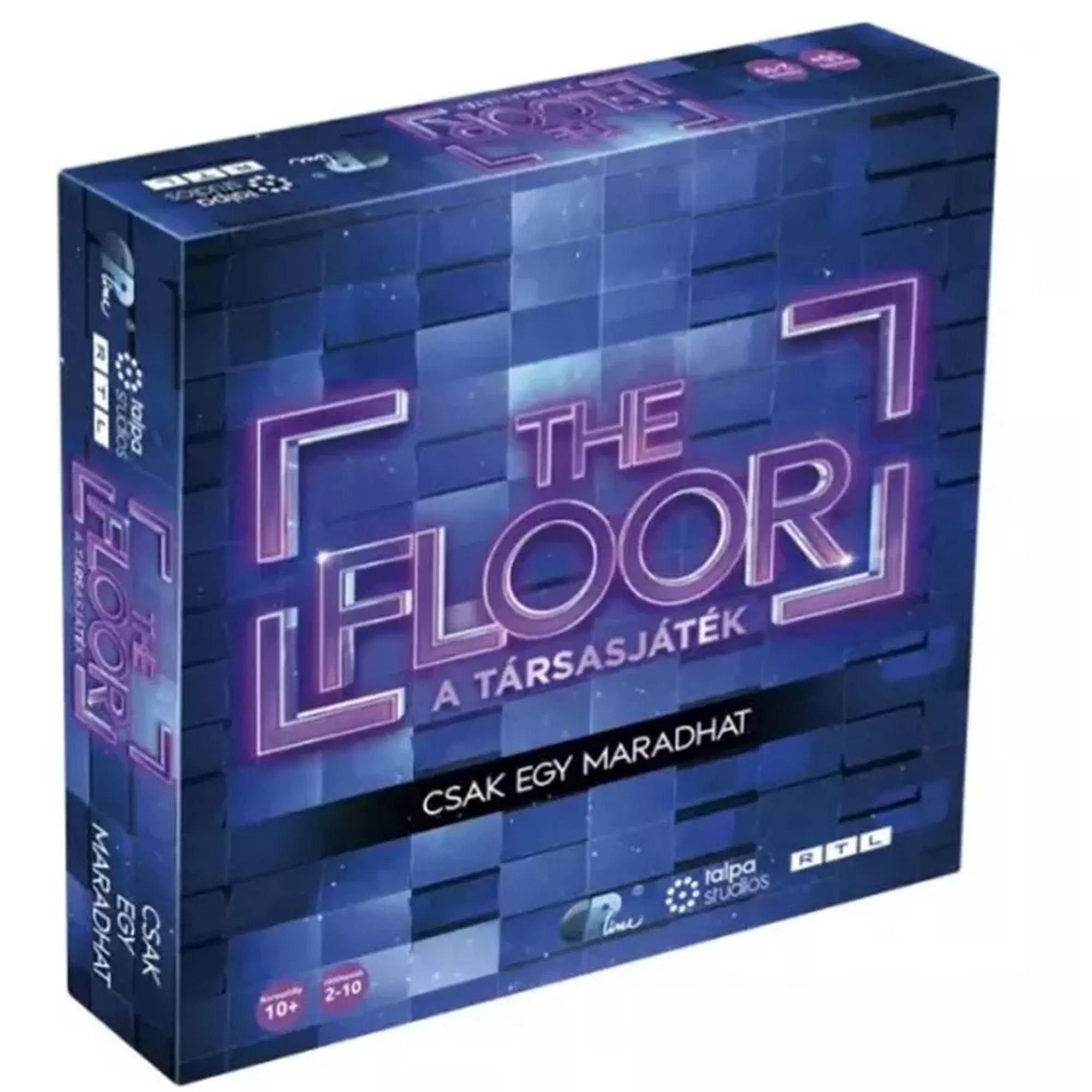 The Floor – Csak egy maradhat társasjáték doboza döntött nézetben, kék és lila neon stílusú borítóval, középen a játék logójával.”