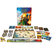 „The Lord of the Rings: Duel for Middle-Earth társasjáték tartalma – játéktábla, kártyák, bábuk és egyéb elemek elrendezve.”