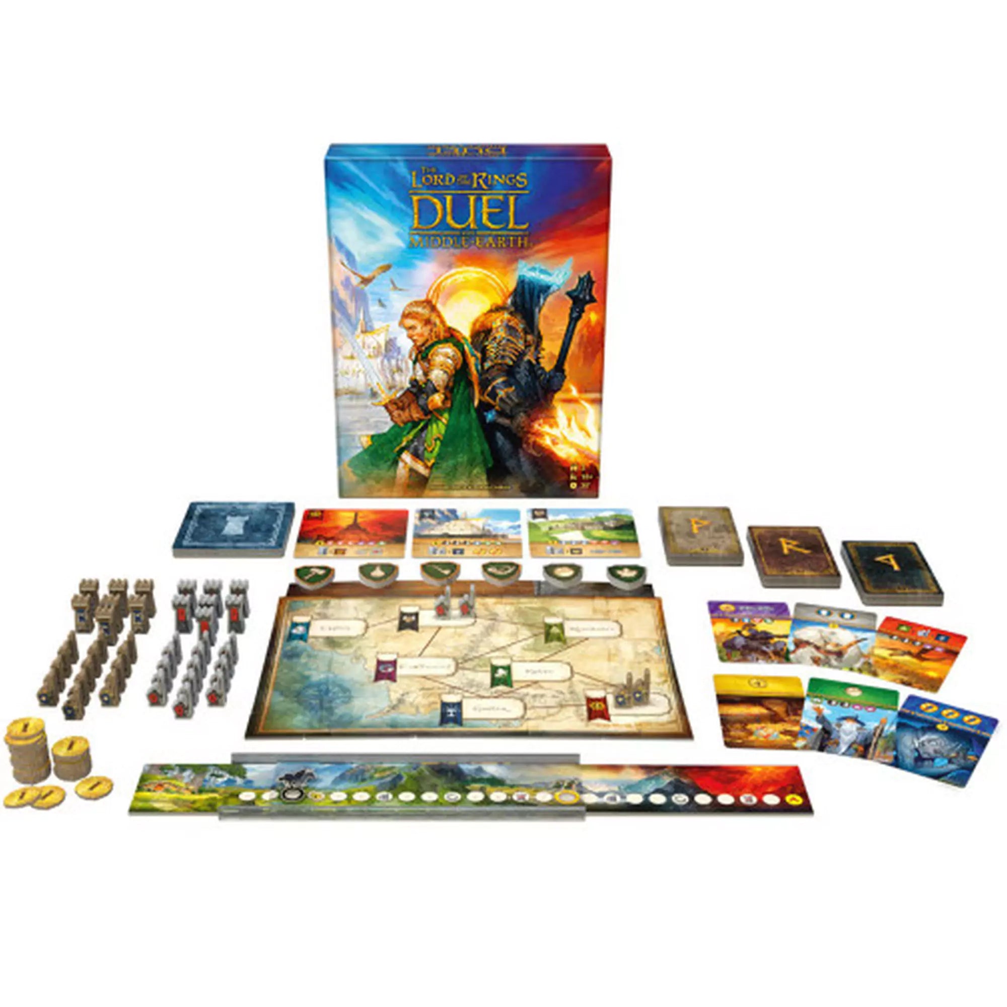 „The Lord of the Rings: Duel for Middle-Earth társasjáték tartalma – játéktábla, kártyák, bábuk és egyéb elemek elrendezve.”