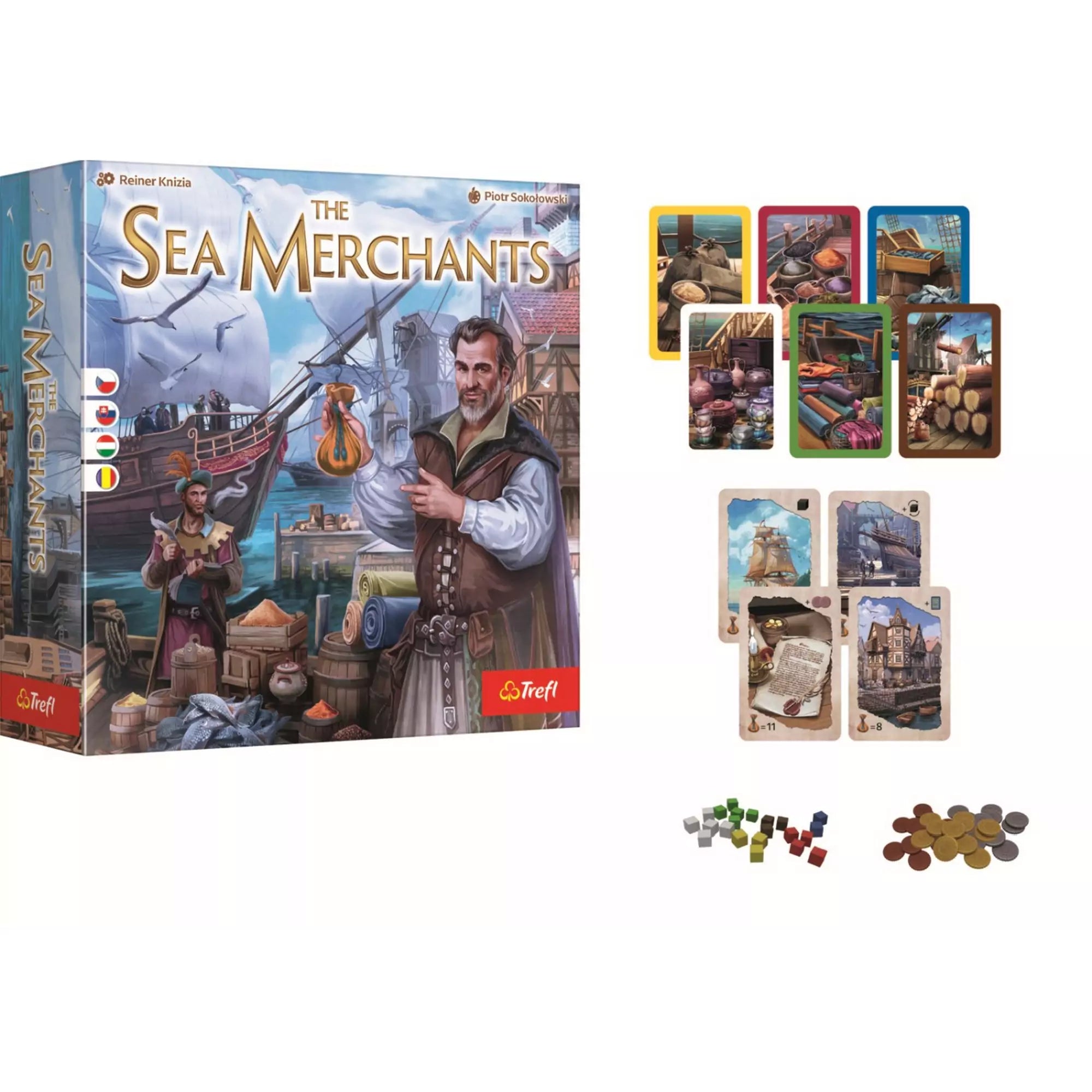 The Sea Merchants – Tengeri kereskedők társasjáték doboza, játékkártyák, árukockák és pénzérmék elrendezve, jól látható módon.