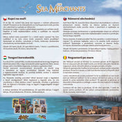 The Sea Merchants társasjáték dobozának hátlapja, magyar és román nyelvű leírással, valamint a játék összetevőinek bemutatásával.