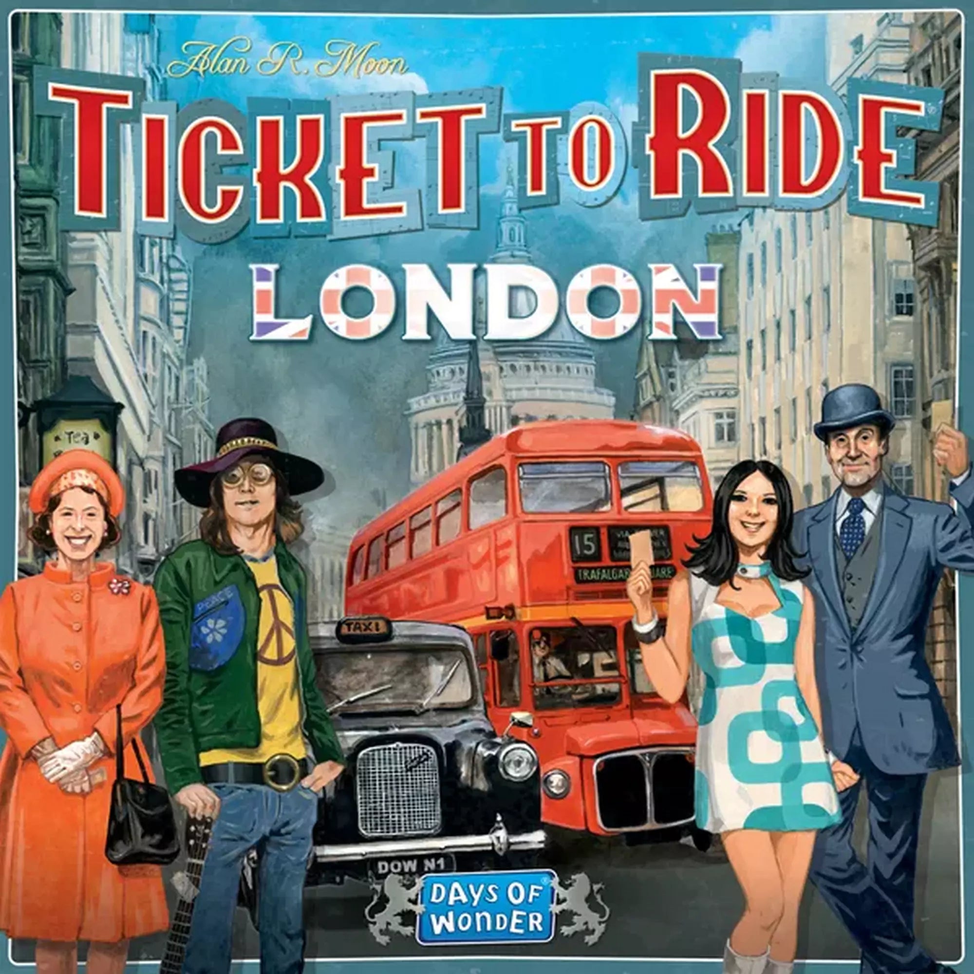  A Ticket to Ride: London társasjáték doboza, a háttérben ikonikus londoni busz, taxi és karakterek a '60-as évek hangulatában.