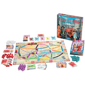 A Ticket to Ride: London társasjáték tartalma: térkép, kártyák, színes buszfigurák, jegyek és a doboz látható egyben.