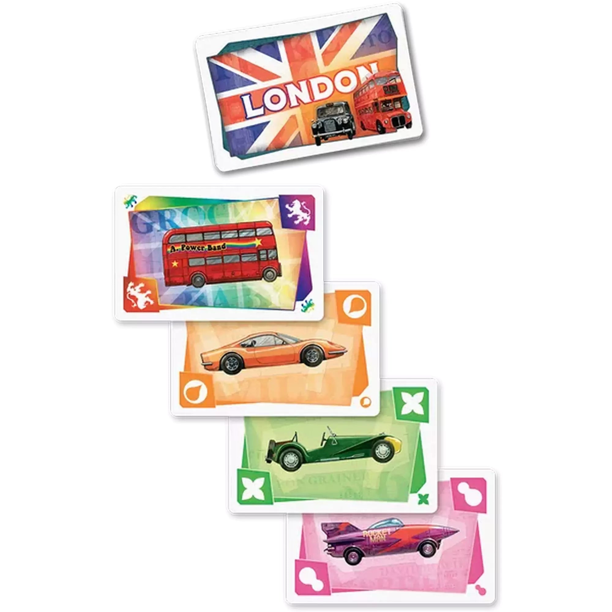 Ticket to Ride: London színes közlekedési kártyák különféle járművekkel, köztük egy piros emeletes busszal és sportautókkal.