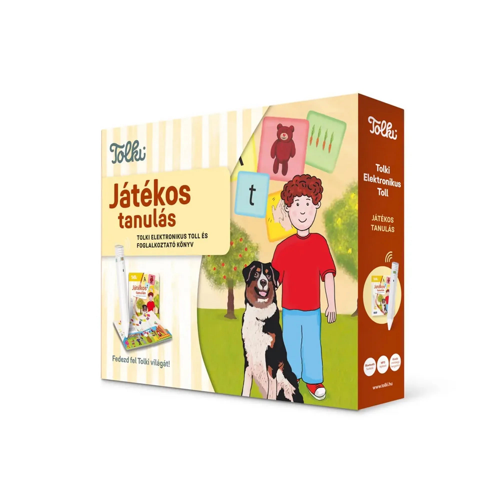 A Tolki Játékos tanulás készlet doboza, rajta a fiú és kutya illusztrációjával, valamint az elektronikus toll és a foglalkoztató könyv képeivel.