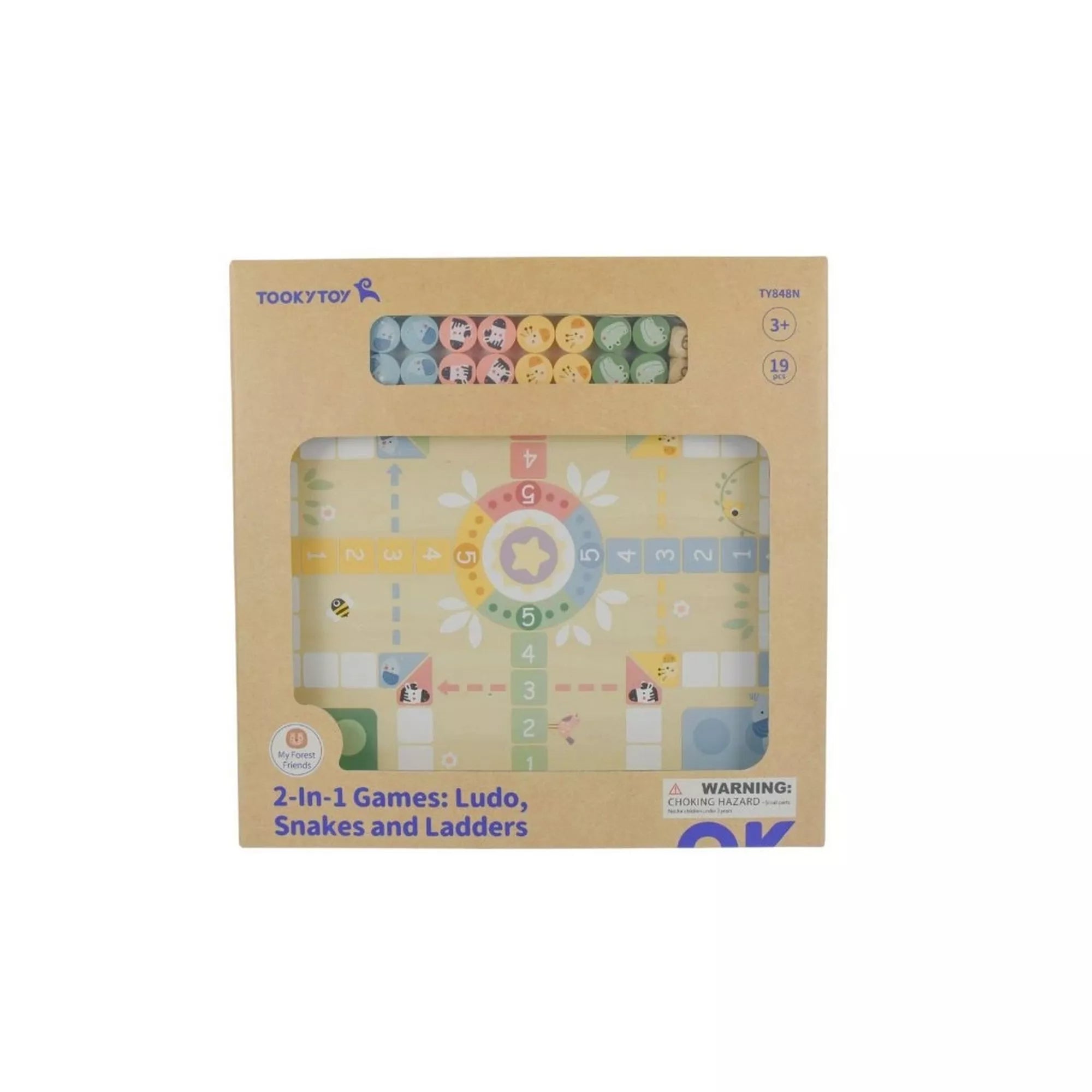 A Tooky Toy 2 az 1-ben fa társasjáték doboza, amely tartalmazza a „Ki nevet a végén” és a „Kígyók és létrák” játékokat. A pasztellszínű csomagolás ablakos kialakítású, láthatóak a bábuk és a fa játéktábla.