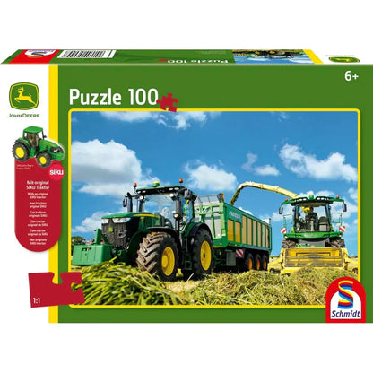 Puzzle Schmidt: John Deere - Tractor 7310R si combina de recoltat 8600i, 100 piese + Cadou: macheta Siku