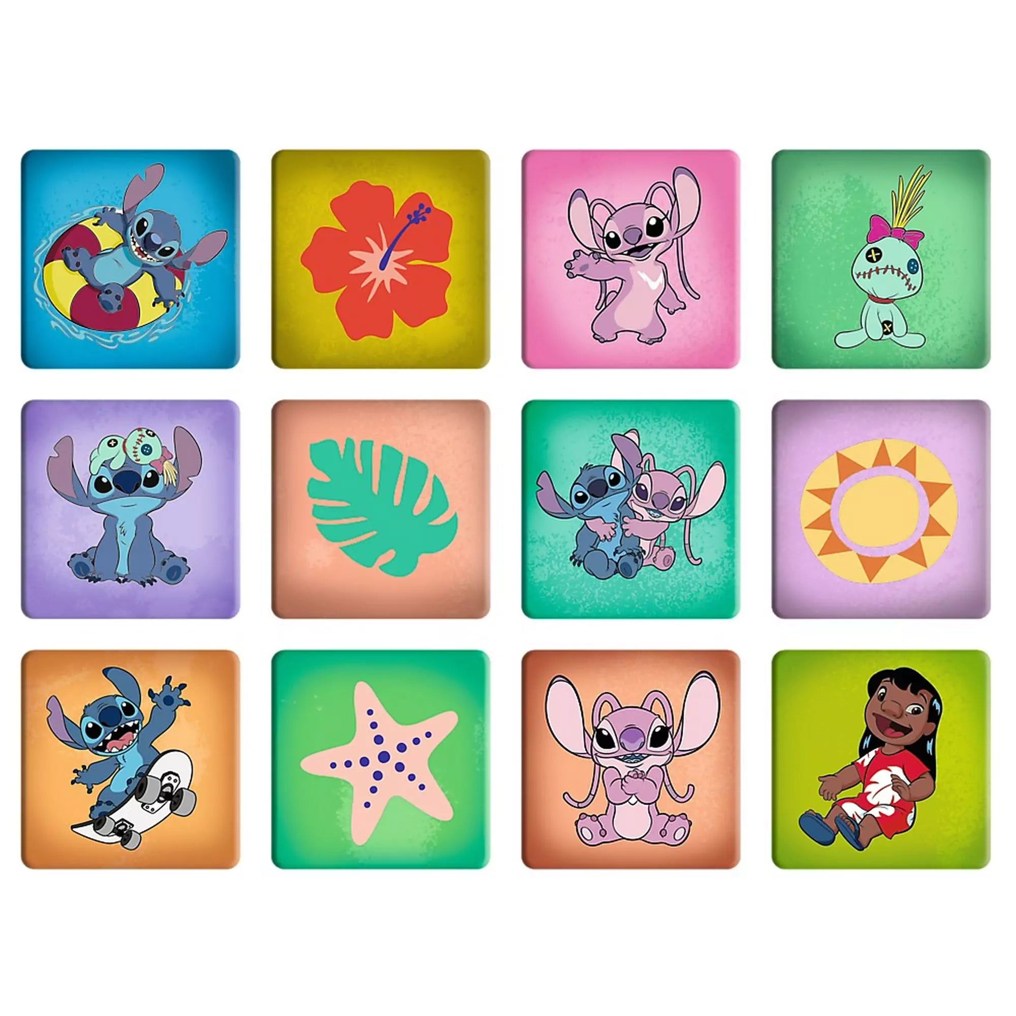 Trefl Lilo és Stitch memóriajáték lapkák: Stitch, Lilo, Angel, Scrump és színes motívumok illusztrációi.