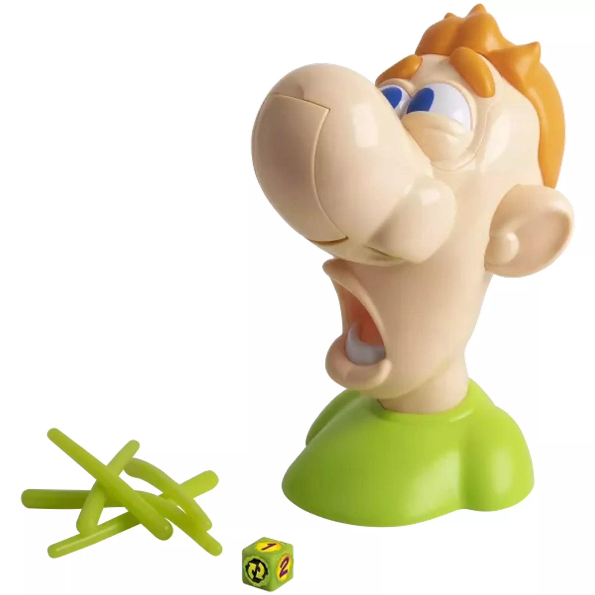 A Turka Gyurka társasjáték figurája és tartozékai: a Gyurka-fej, zöld pálcikák és egy színes dobókocka. A játékosok ezekkel játsszák a mókás, ügyességi feladatot.