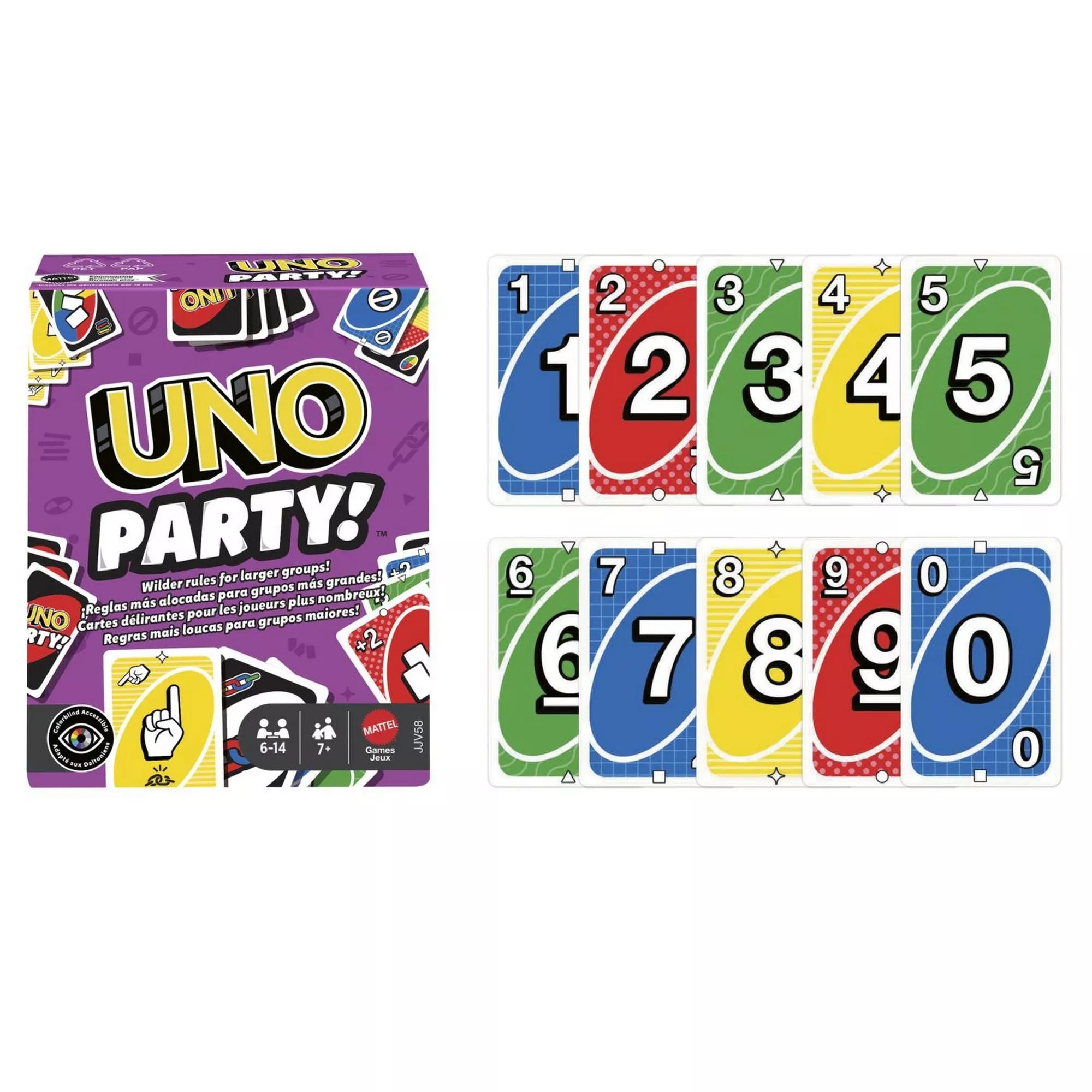 UNO Party kártyajáték teljes tartalma, doboz, paklik és akciólapok, 6–14 játékos számára