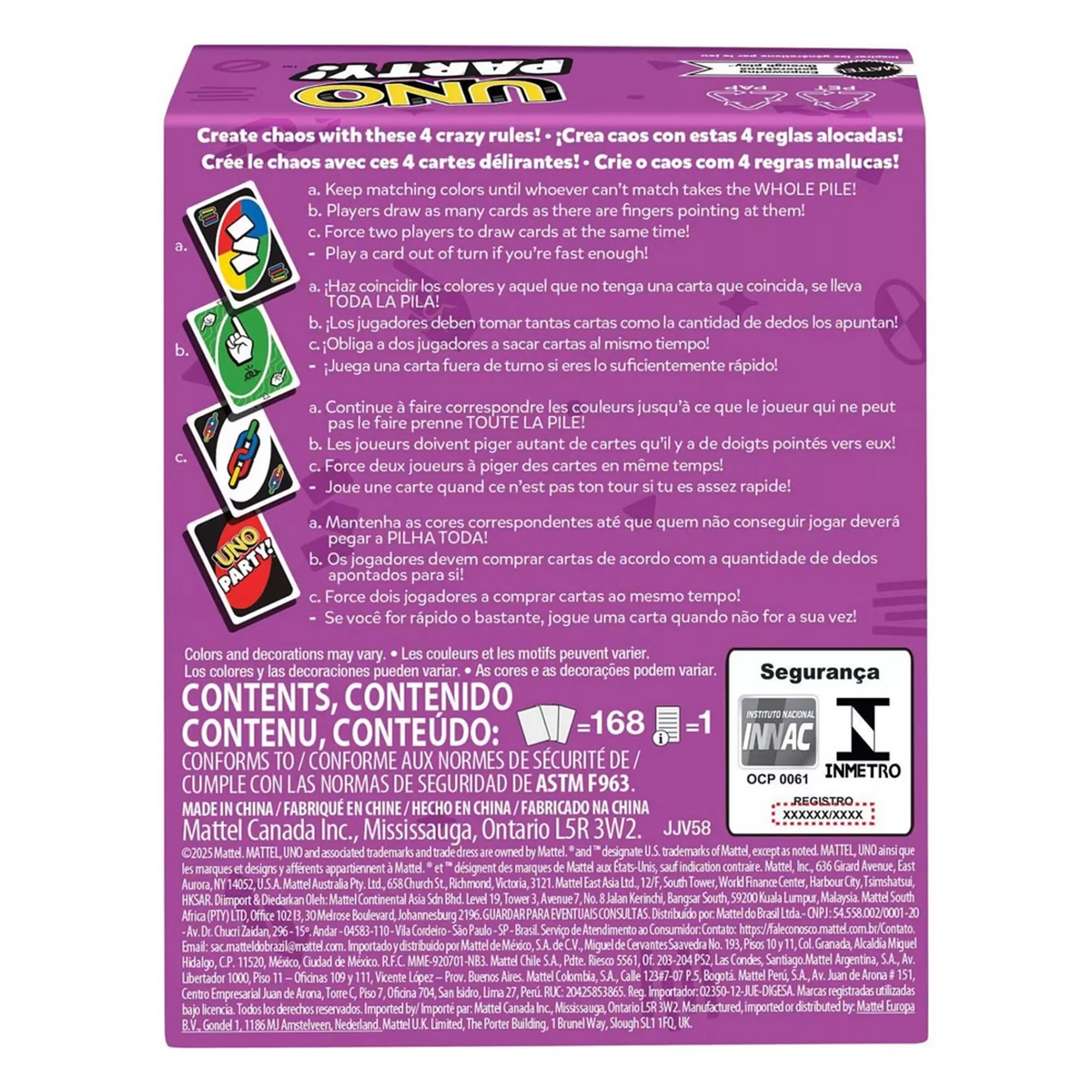 UNO Party doboz hátoldal, játékszabályok és különleges parti kártyák bemutatása