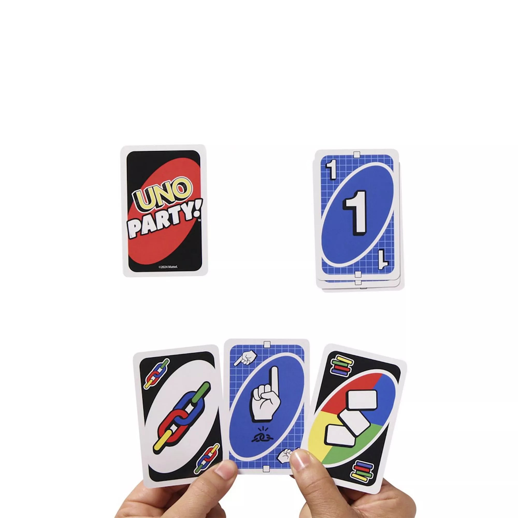 UNO Party akciókártyák kézben, lánc, mutatóujj és színváltó lapok, extra szabályokkal