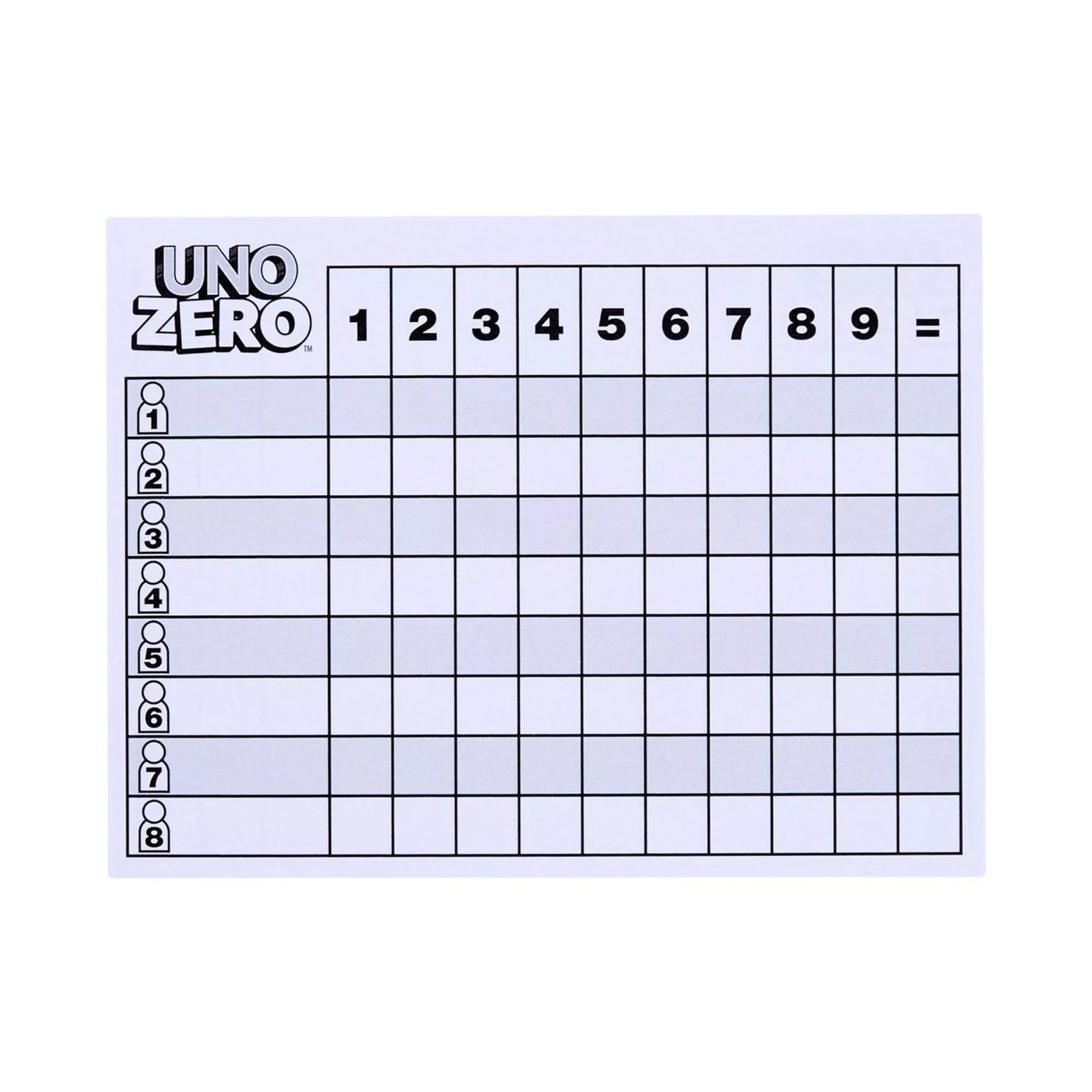 Az UNO Zero játékhoz tartozó pontozólap látható, amely 1-től 9-ig számozott oszlopokat és 8 sorban játékosneveket tartalmaz. A tábla segít a körök pontjainak nyilvántartásában.