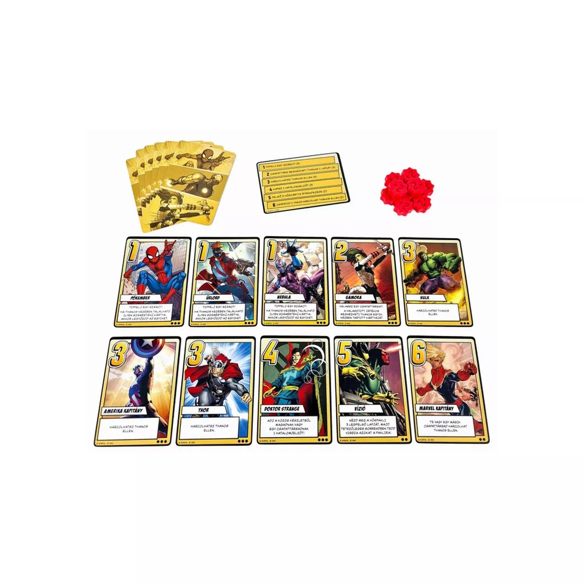 Marvel: Végtelen Kesztyű társasjáték hőskártyák – Pókember, Amerika Kapitány, Thor, Hulk, Doktor Strange és további Marvel karakterek lapjai.