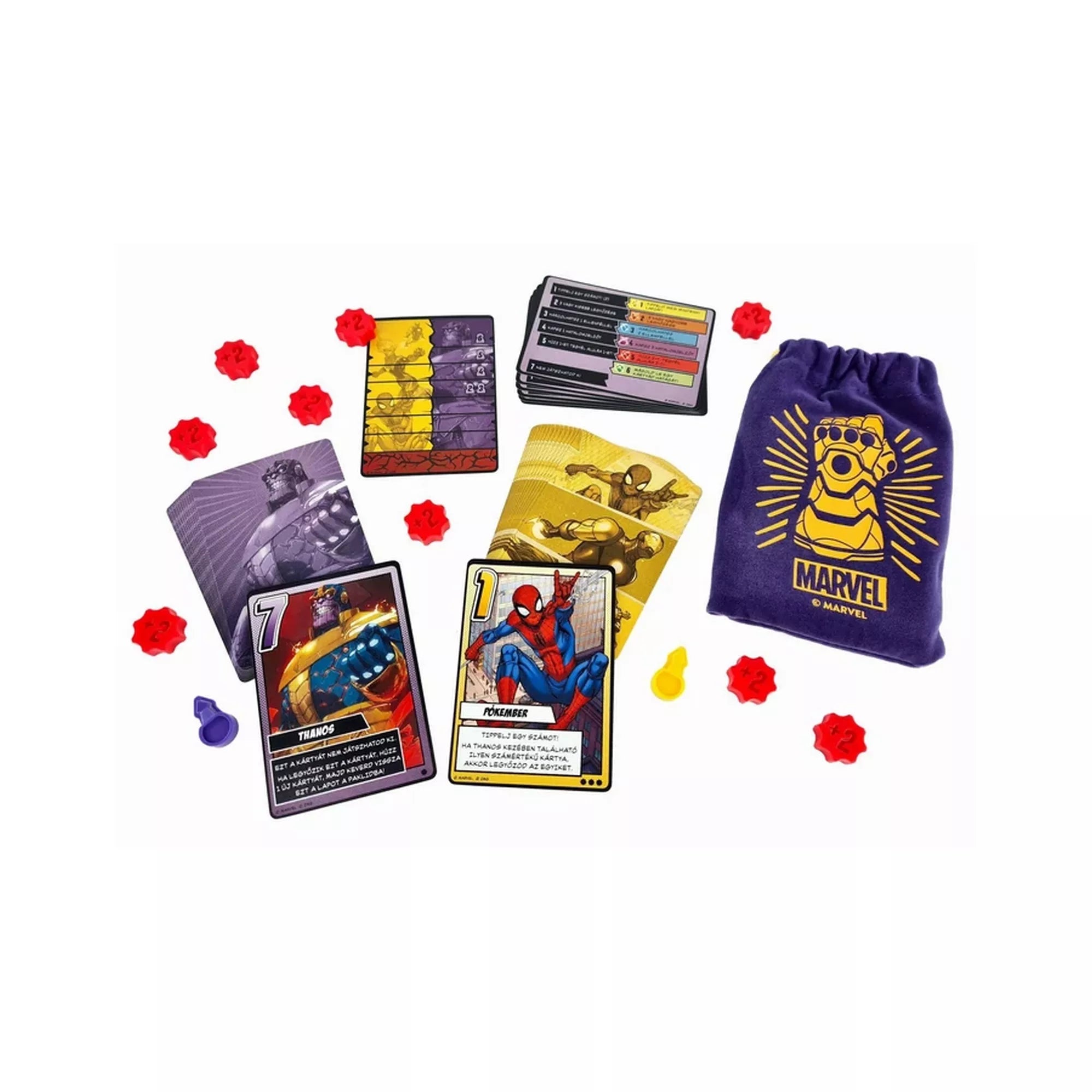 Marvel: Végtelen Kesztyű társasjáték tartalma – Thanos és hőskártyák, piros jelölők, szabálykártyák és Marvel logós lila tárolózsák.