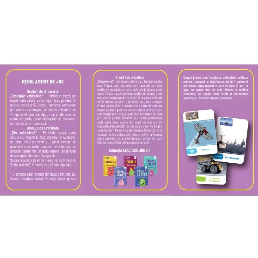 Cărți de joc educative - Vehicule Regulament