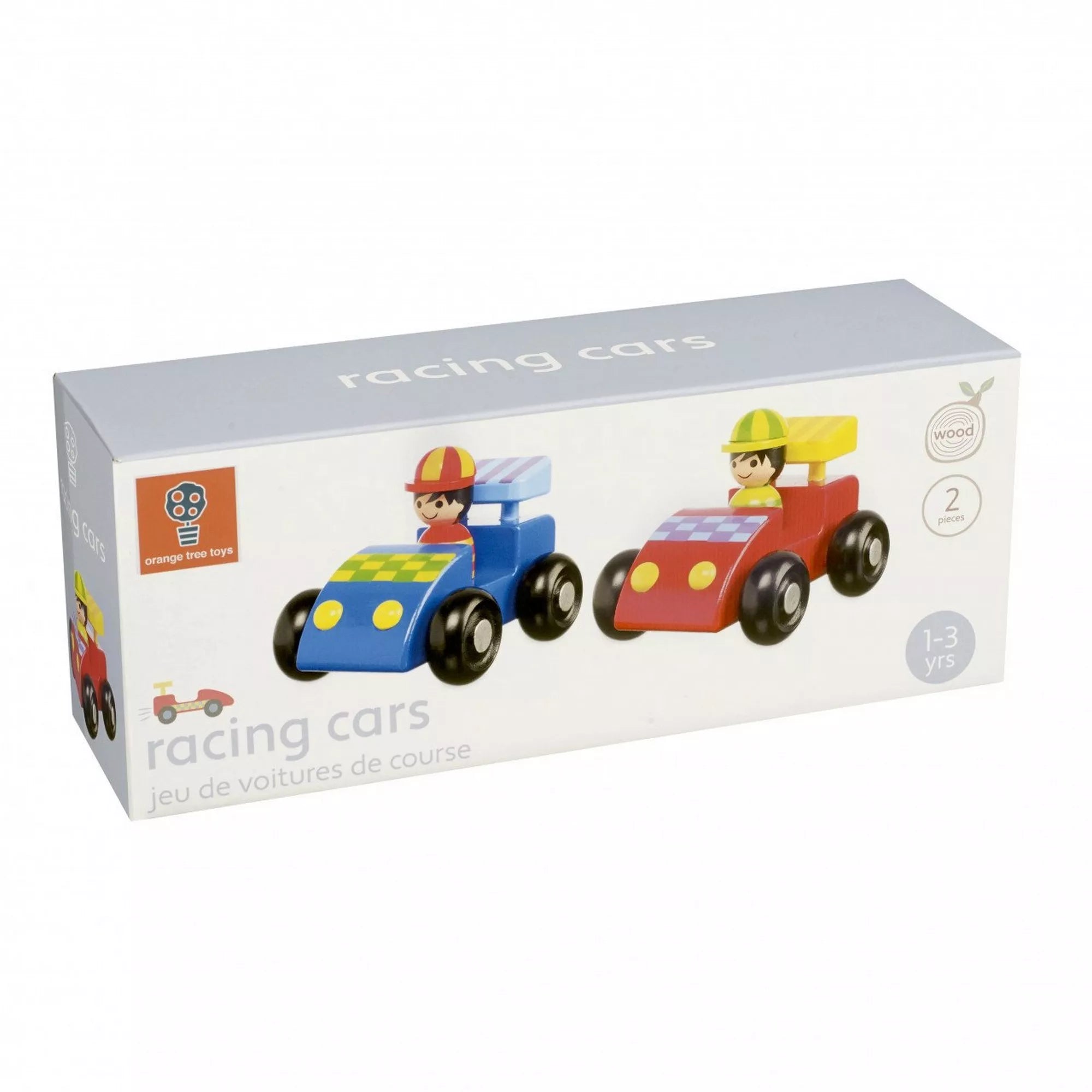 Az Orange Tree Toys „Versenyautó-szett” doboza, benne két színes fa versenyautóval – kék és piros autó kis sofőrfigurákkal, 1–3 éves gyermekeknek.