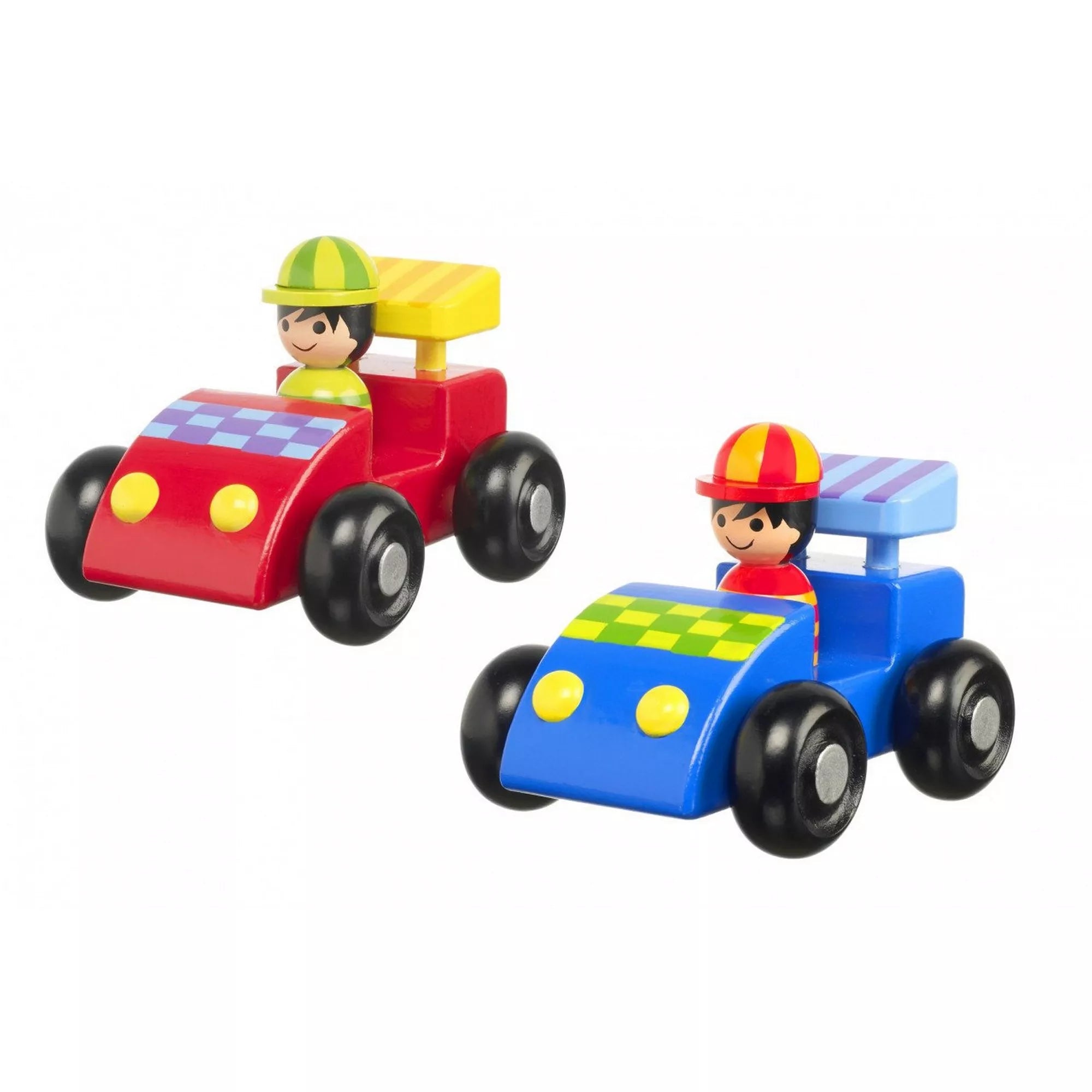 Két színes fa versenyautó az Orange Tree Toys-tól – egy kék és egy piros autó mosolygós sofőrfigurával, kerekeken guruló kialakítással, kisgyermekeknek tervezve.